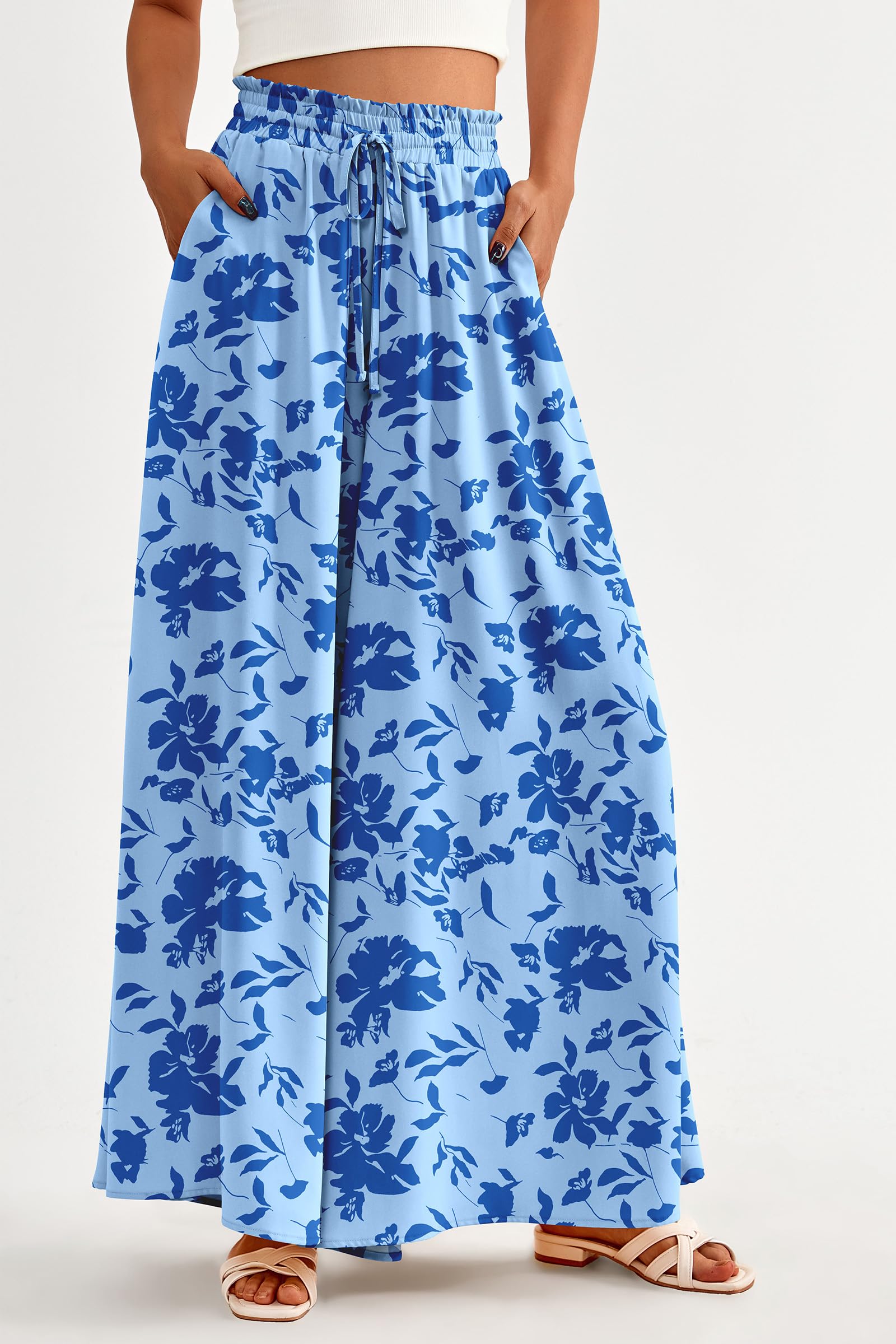 Women's Summer Wide Leg Palazzo Pants High Waisted Flowy Pockets Trendy Casual Lounge Boho Beach Trousers