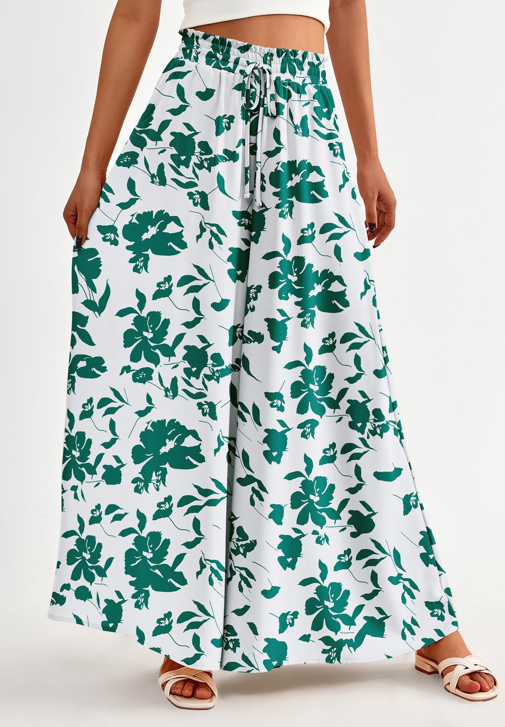 Women's Summer Wide Leg Palazzo Pants High Waisted Flowy Pockets Trendy Casual Lounge Boho Beach Trousers