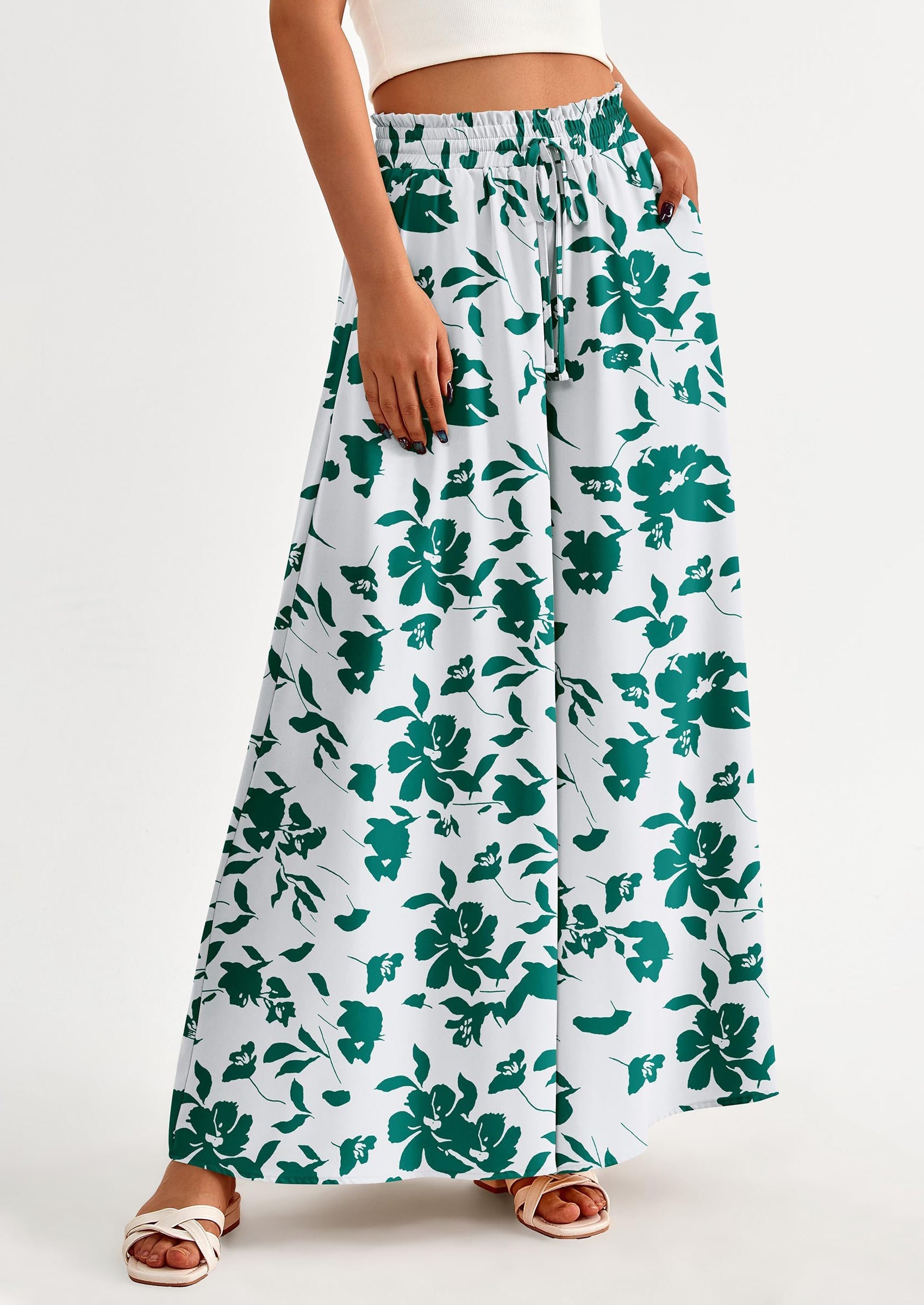 Women's Summer Wide Leg Palazzo Pants High Waisted Flowy Pockets Trendy Casual Lounge Boho Beach Trousers