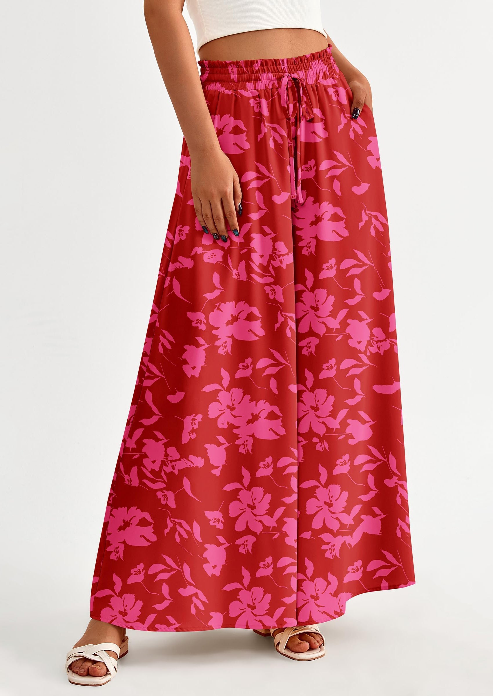 Women's Summer Wide Leg Palazzo Pants High Waisted Flowy Pockets Trendy Casual Lounge Boho Beach Trousers