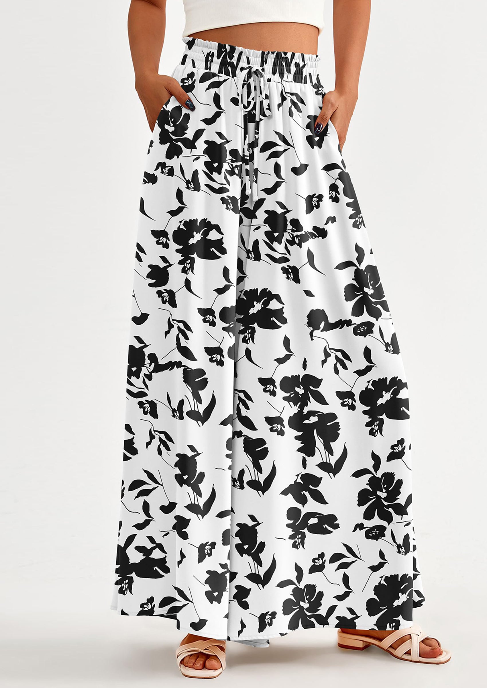 Women's Summer Wide Leg Palazzo Pants High Waisted Flowy Pockets Trendy Casual Lounge Boho Beach Trousers