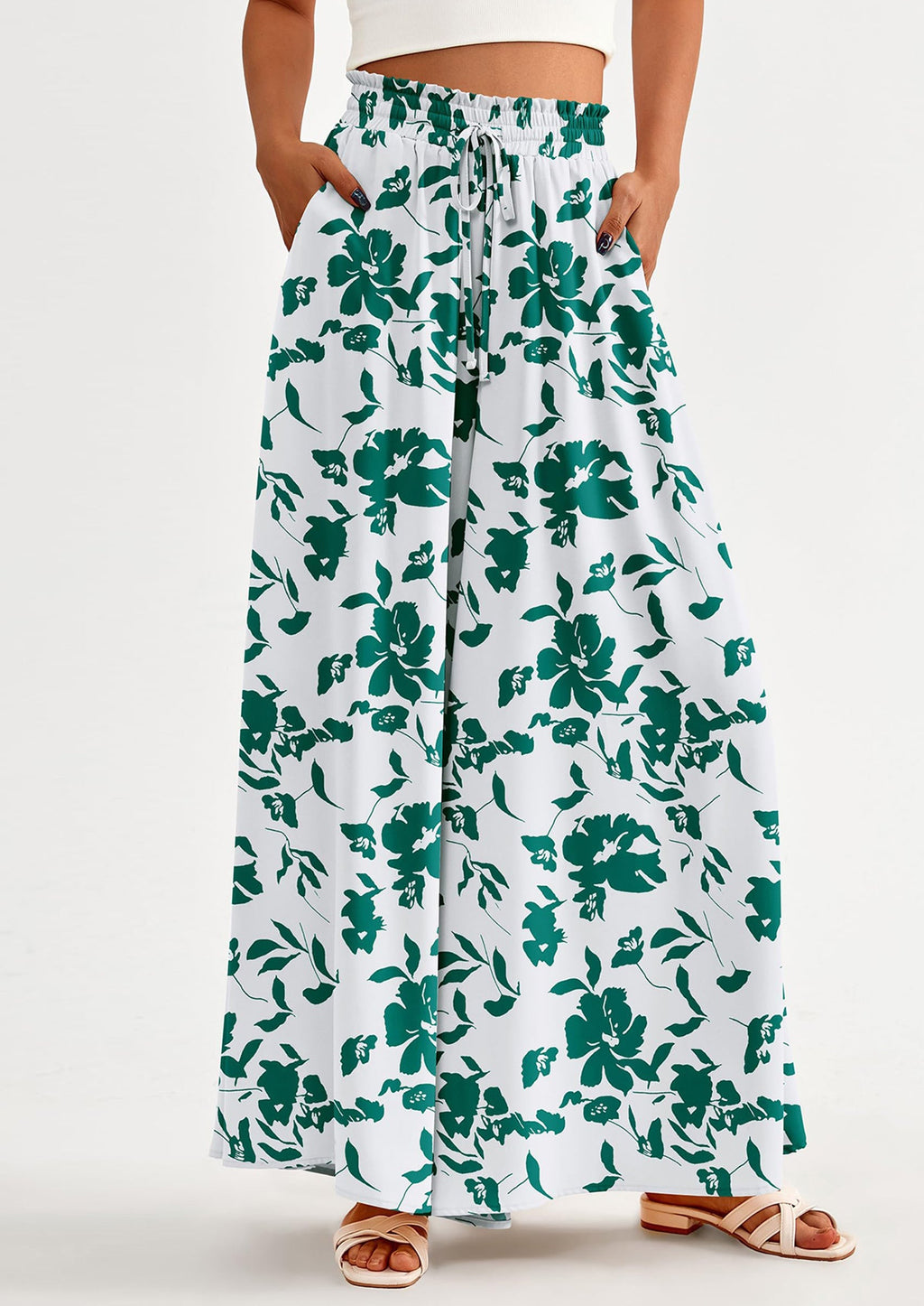 Women's Summer Wide Leg Palazzo Pants High Waisted Flowy Pockets Trendy Casual Lounge Boho Beach Trousers