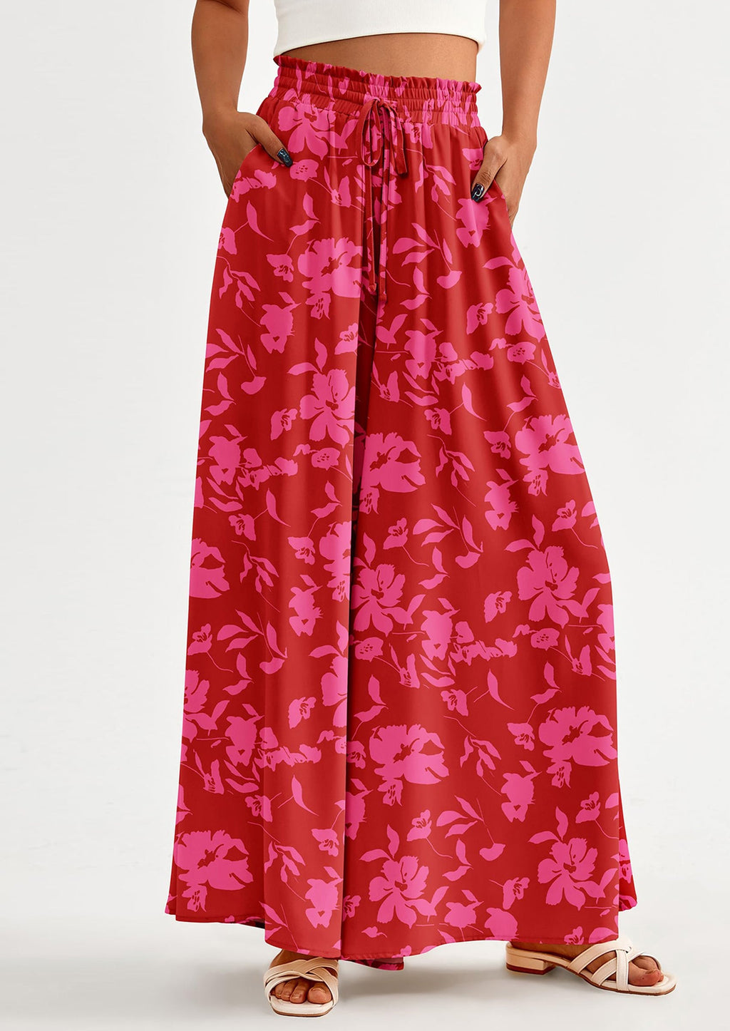 Women's Summer Wide Leg Palazzo Pants High Waisted Flowy Pockets Trendy Casual Lounge Boho Beach Trousers