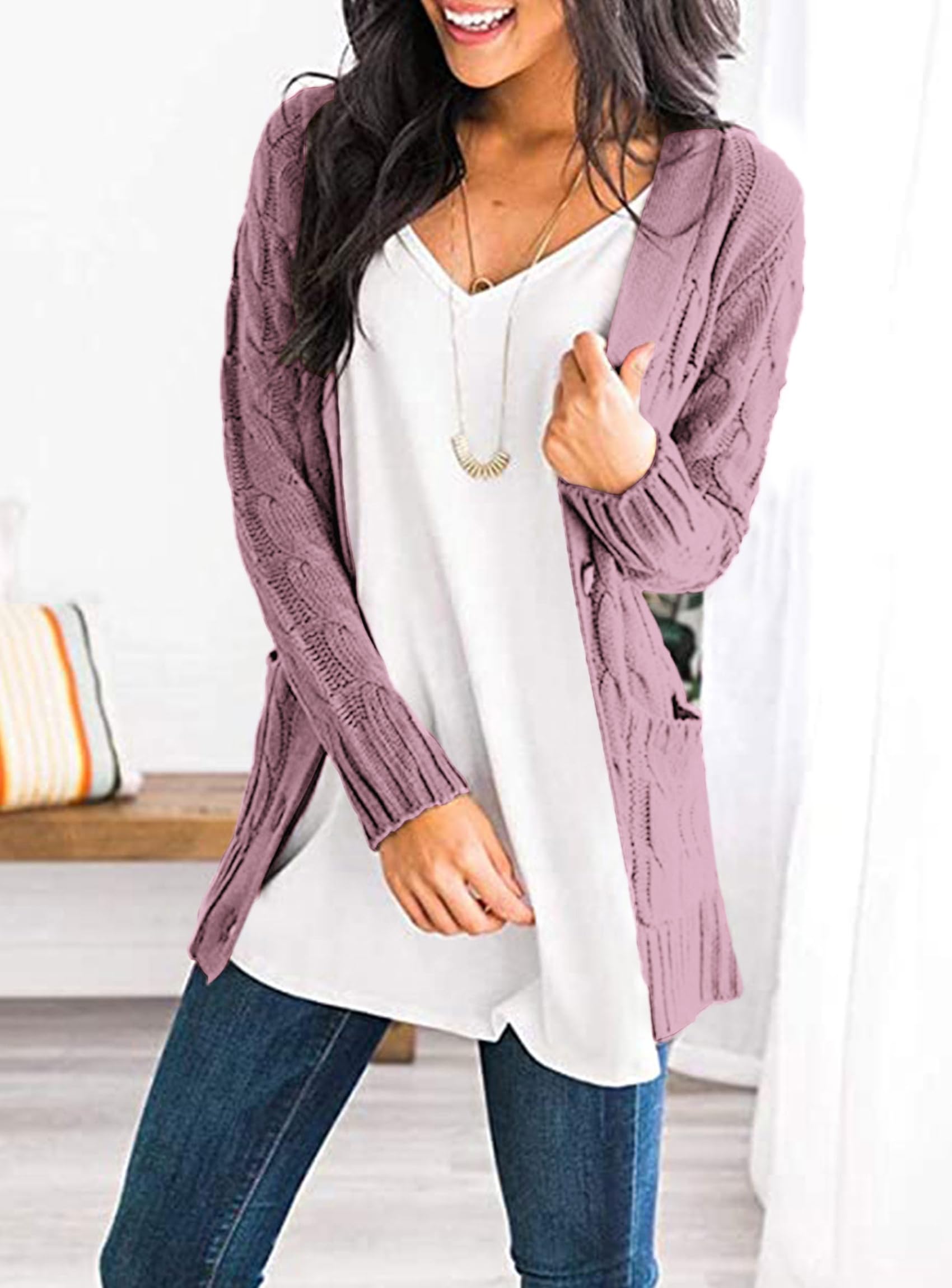 Women's Open Front Cardigan Sweaters Fall Fashion Button Down Cable Knit Chunky Winter Outerwear Coats