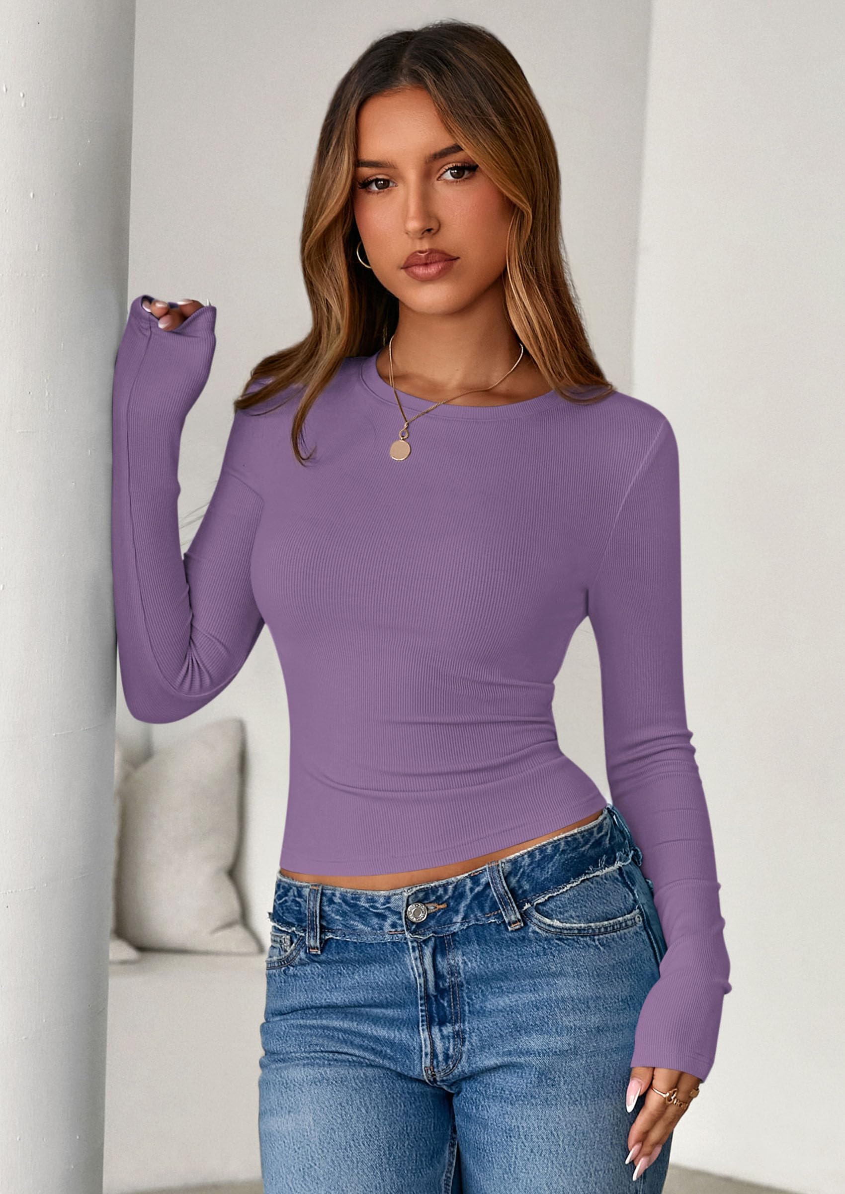 Womens Summer Fall Long Sleeve Shirts Ribbed Knit Fitted Basic Tee Going Out Tops Underscrub Casual Outfits