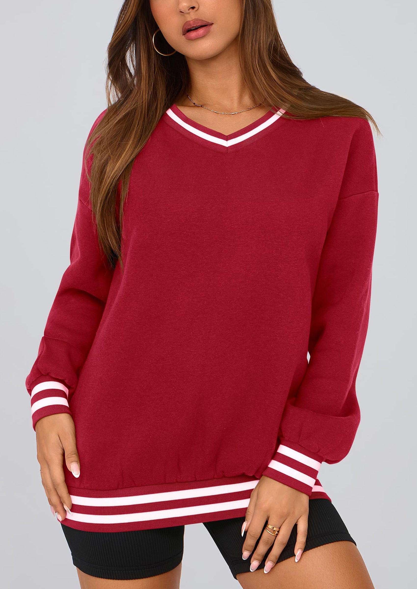 Women's Oversized Sweatshirts Casual Long Sleeve Stripes Knit V Neck Pullover Top Fall Teens Preppy Clothes