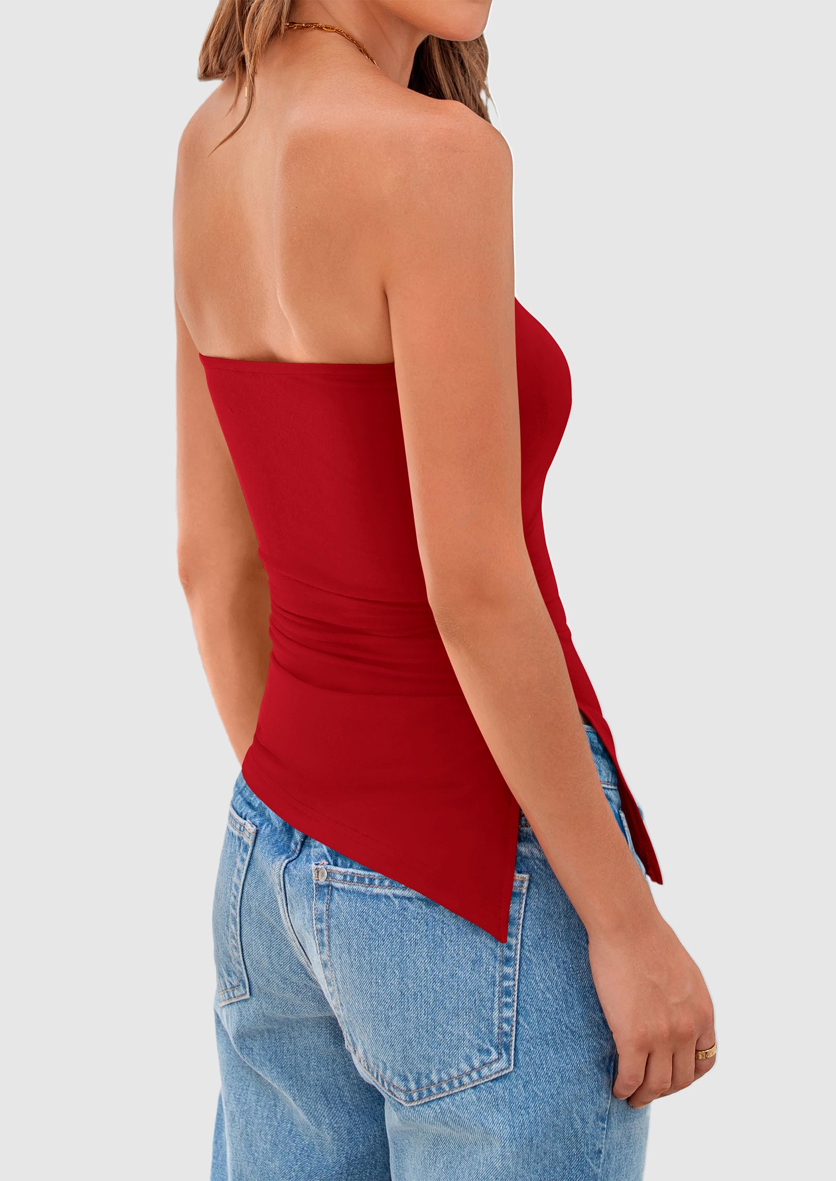 Womens Summer Tube Tops Trendy Strapless Ruched Going Out Tops Outfits Asymmetrical Bandeau Shirts