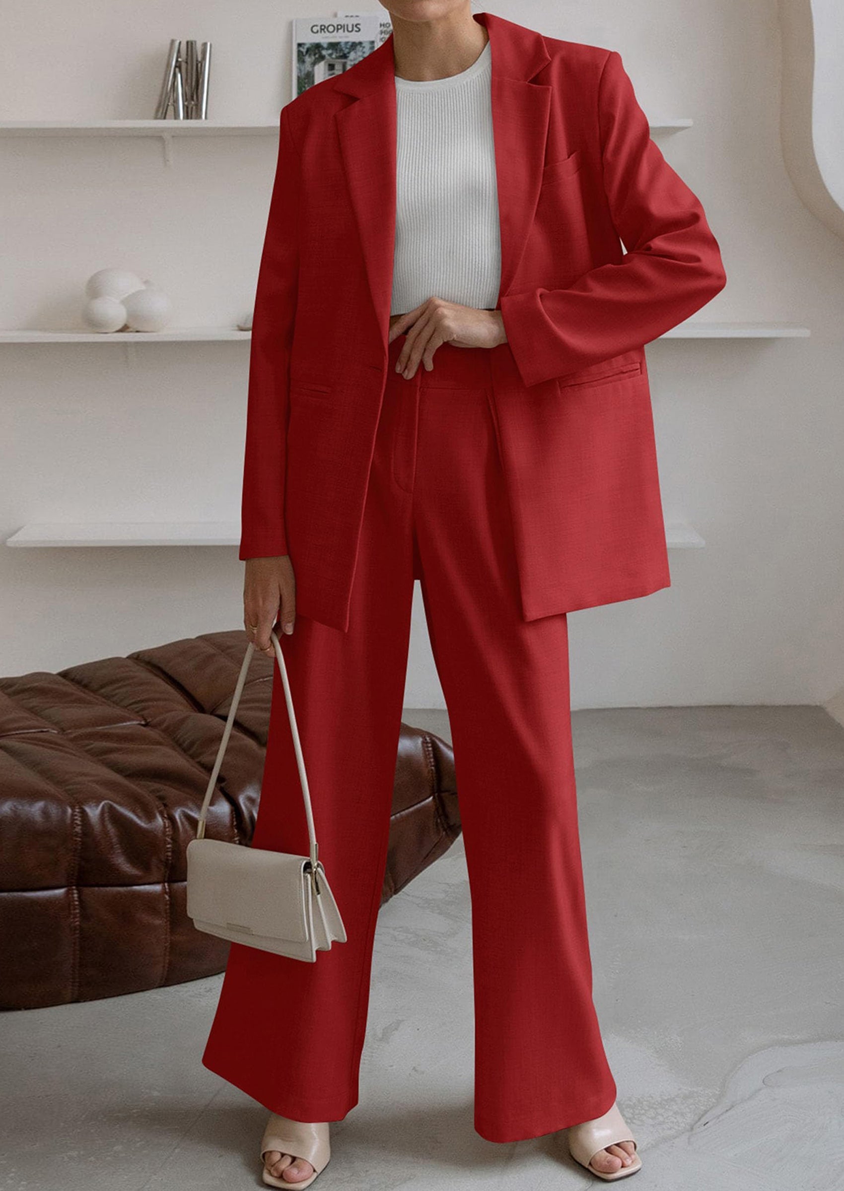Women's Fall Two Piece Outfits Dressy Blazer Jacket and Wide Leg Pants Pockets Business Casual Office Suit Sets