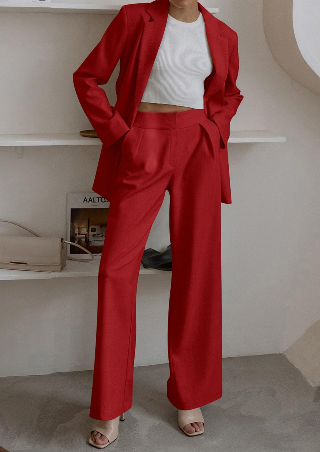 Women's Fall Two Piece Outfits Dressy Blazer Jacket and Wide Leg Pants Pockets Business Casual Office Suit Sets