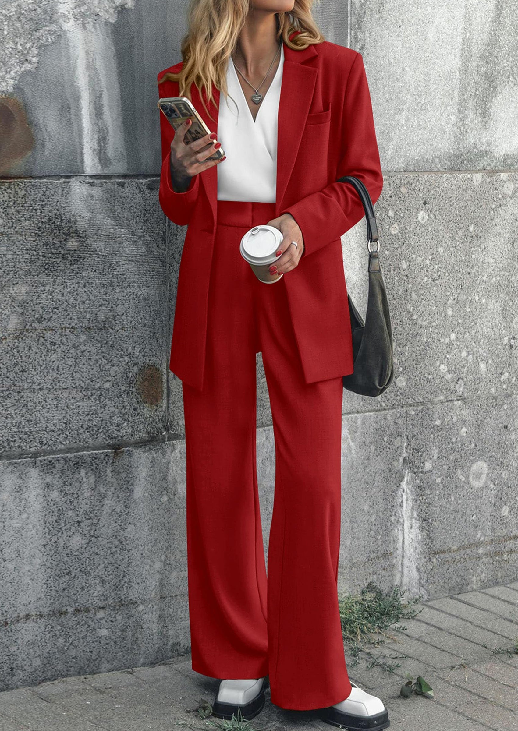 Women's Fall Two Piece Outfits Dressy Blazer Jacket and Wide Leg Pants Pockets Business Casual Office Suit Sets