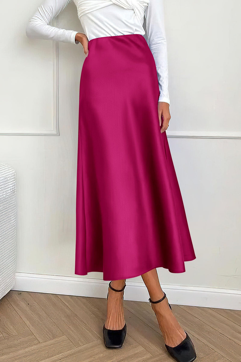 Women's Satin Skirts Dressy Casual Fall High Waisted Cocktail Wedding Flowy Elegant A Line Midi Skirt