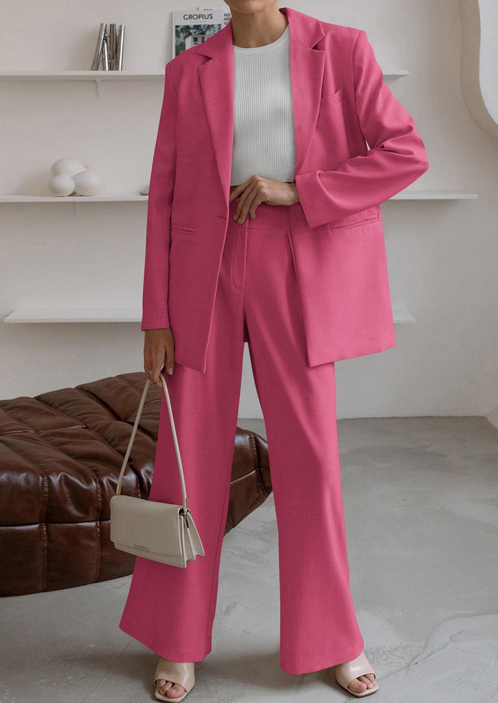Women's Fall Two Piece Outfits Dressy Blazer Jacket and Wide Leg Pants Pockets Business Casual Office Suit Sets