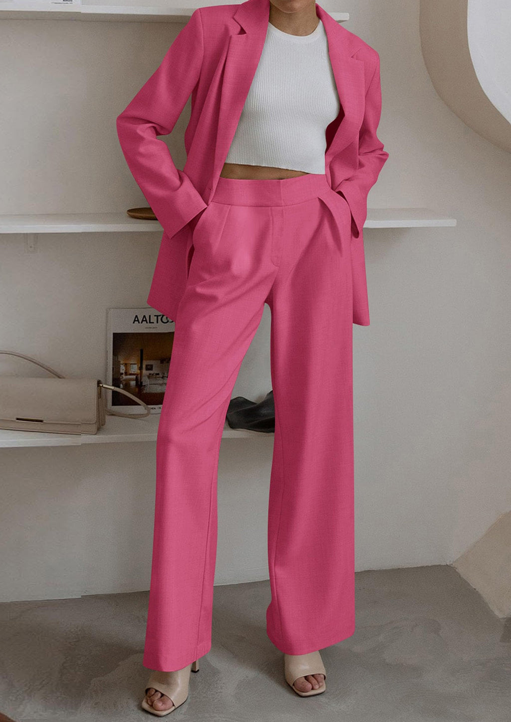 Women's Fall Two Piece Outfits Dressy Blazer Jacket and Wide Leg Pants Pockets Business Casual Office Suit Sets