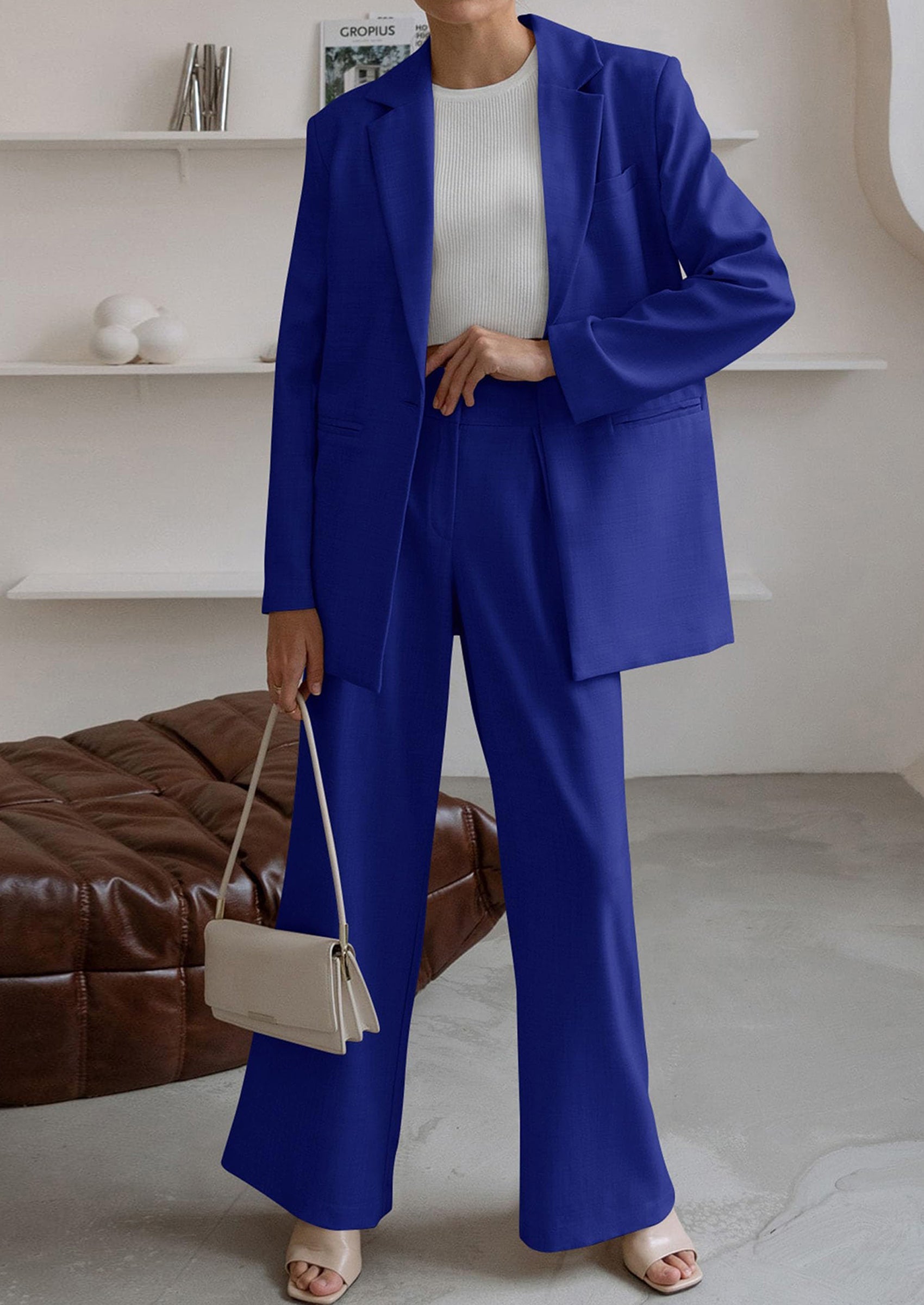 Women's Fall Two Piece Outfits Dressy Blazer Jacket and Wide Leg Pants Pockets Business Casual Office Suit Sets