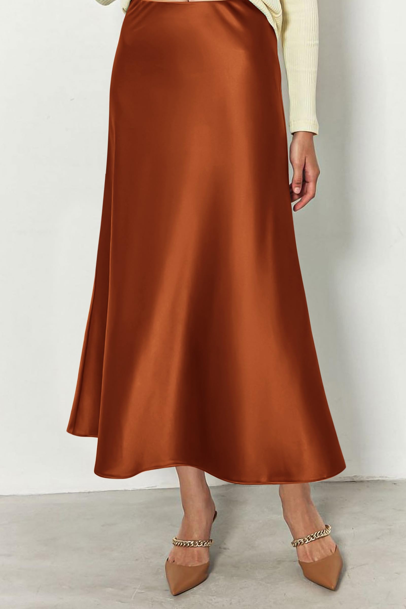 Women's Satin Skirts Dressy Casual Fall High Waisted Cocktail Wedding Flowy Elegant A Line Midi Skirt