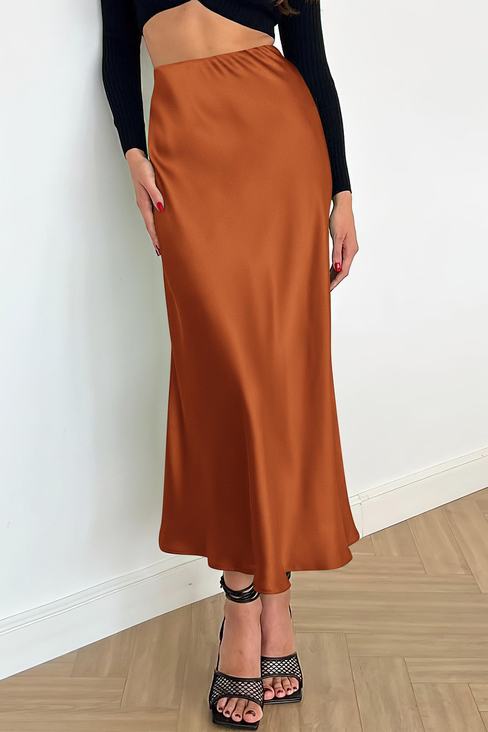 Women's Satin Skirts Dressy Casual Fall High Waisted Cocktail Wedding Flowy Elegant A Line Midi Skirt
