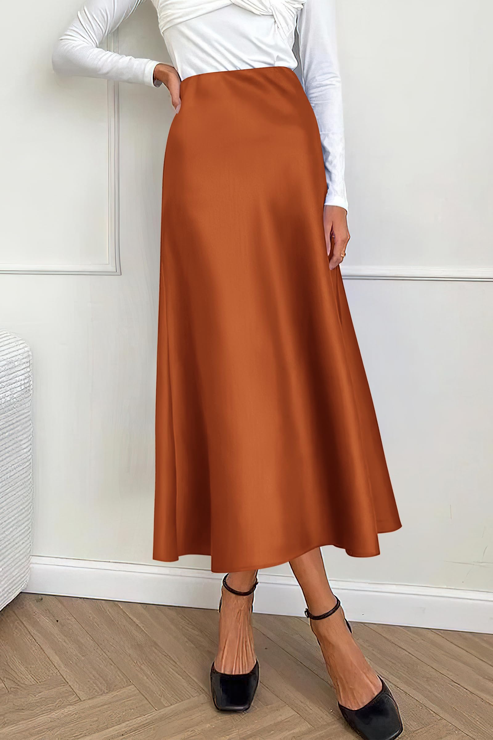 Women's Satin Skirts Dressy Casual Fall High Waisted Cocktail Wedding Flowy Elegant A Line Midi Skirt