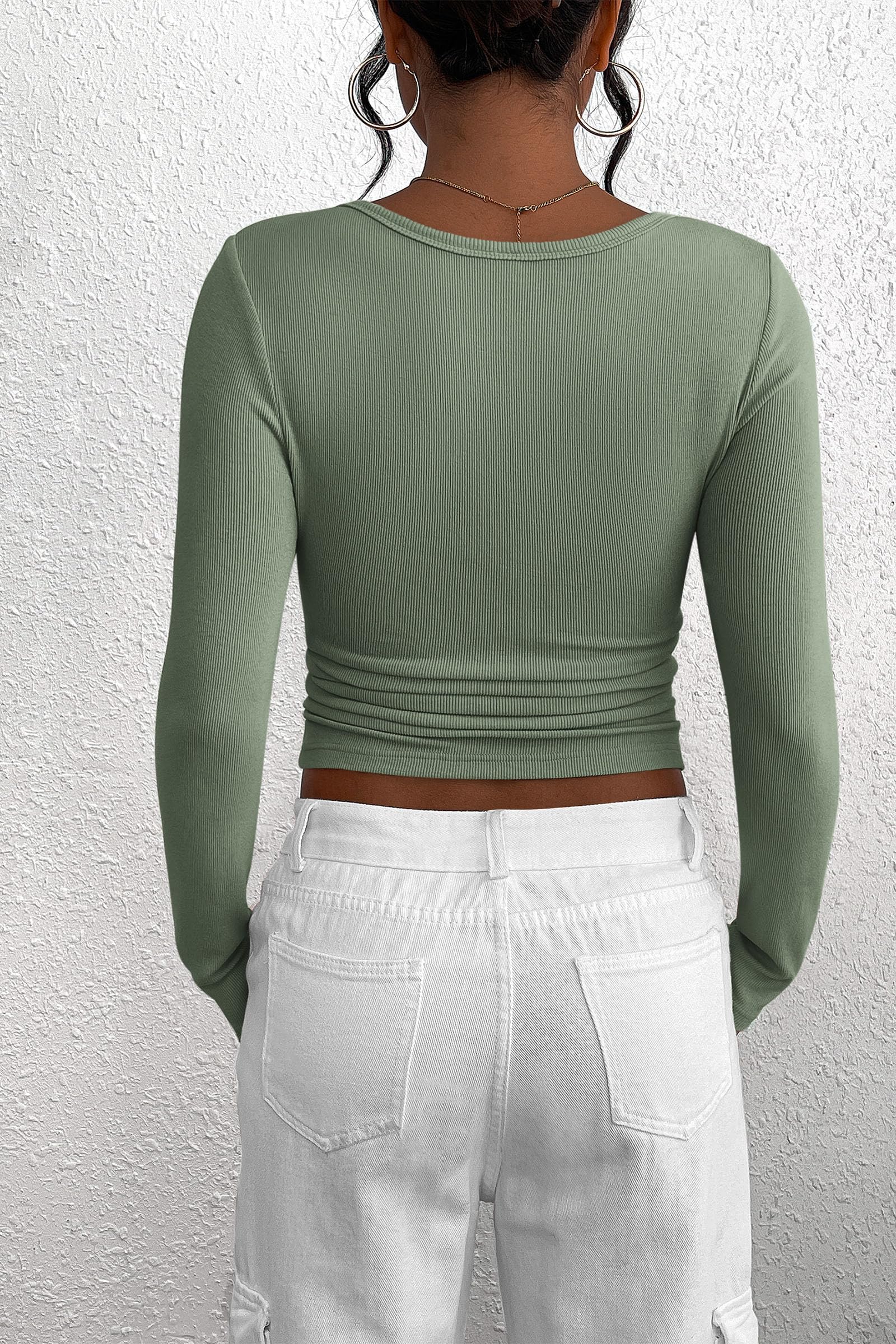 Women's Spring Fall Long Sleeve Henley T Shirts Button Ribbed Knit Slim Fit Casual Basic Tops Blouse
