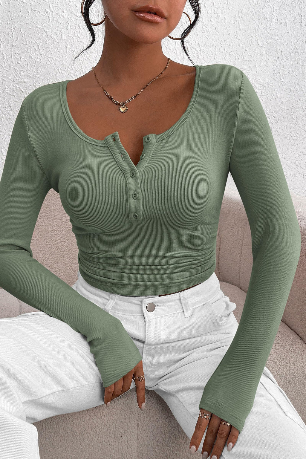 Women's Spring Fall Long Sleeve Henley T Shirts Button Ribbed Knit Slim Fit Casual Basic Tops Blouse