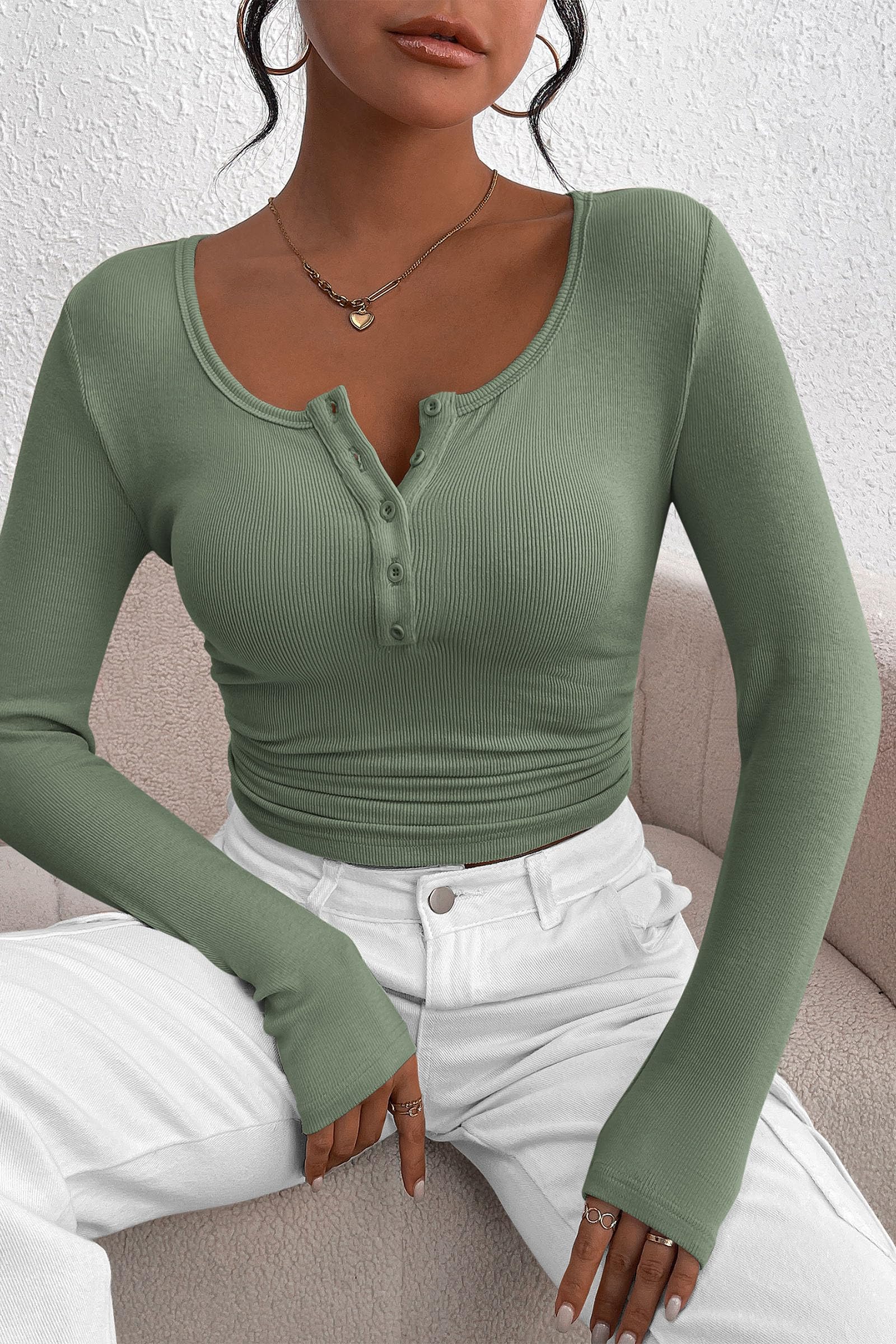 Women's Spring Fall Long Sleeve Henley T Shirts Button Ribbed Knit Slim Fit Casual Basic Tops Blouse