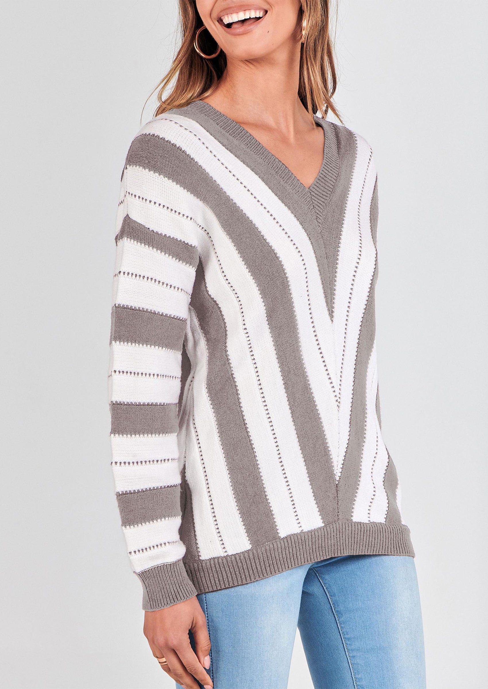 Women's Fashion Long Sleeve Striped Color Block Knitted Sweater Crew Neck Loose Pullover Jumper Tops