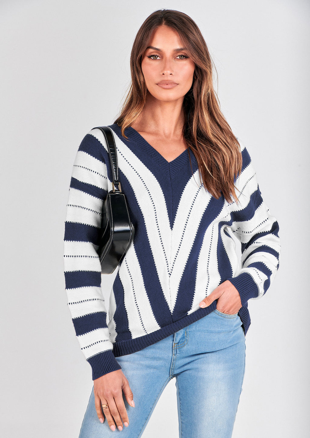 Women's Fashion Long Sleeve Striped Color Block Knitted Sweater Crew Neck Loose Pullover Jumper Tops