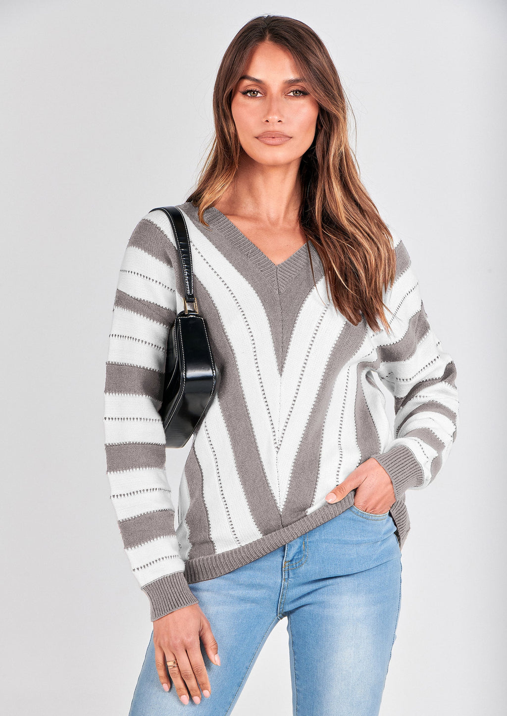 Women's Fashion Long Sleeve Striped Color Block Knitted Sweater Crew Neck Loose Pullover Jumper Tops