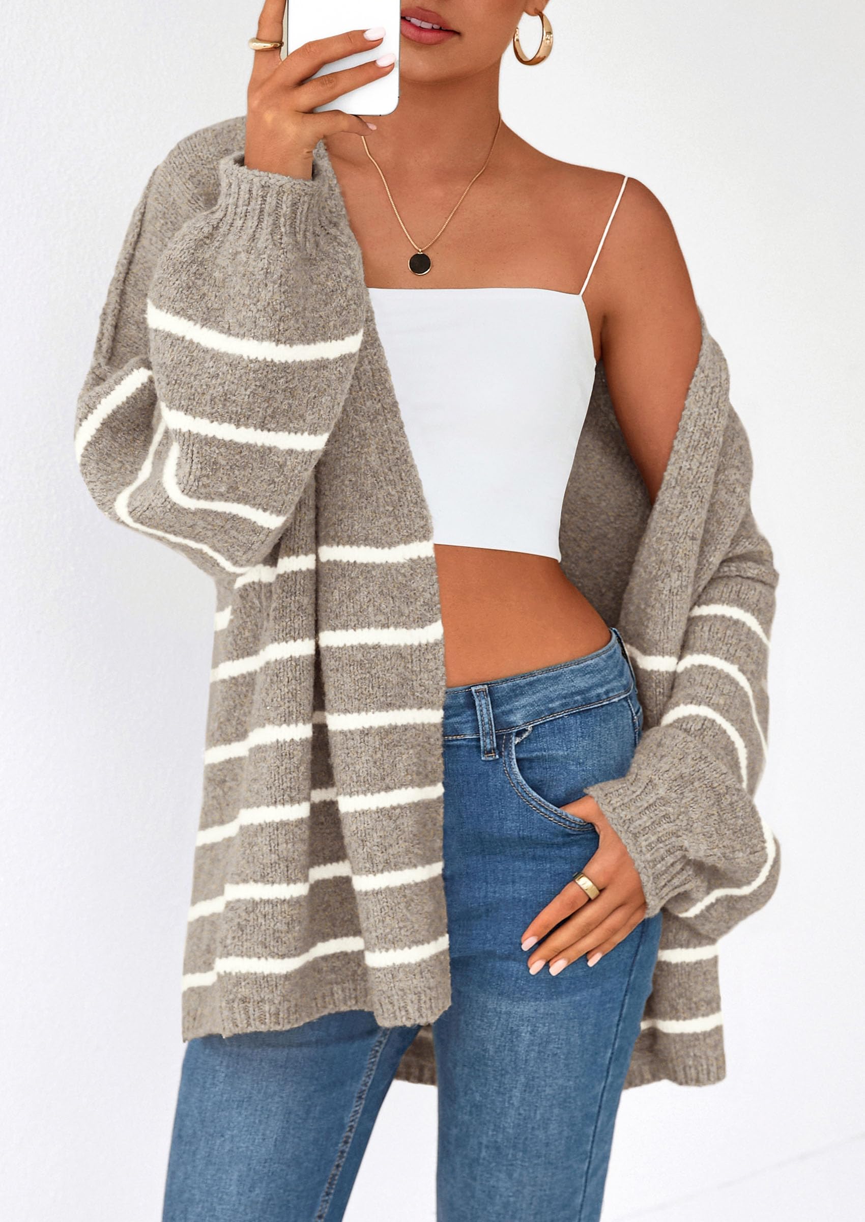 Womens Oversized Cardigan Sweaters Fall Long Lantern Sleeve Knit Open Front Lightweight Sweater