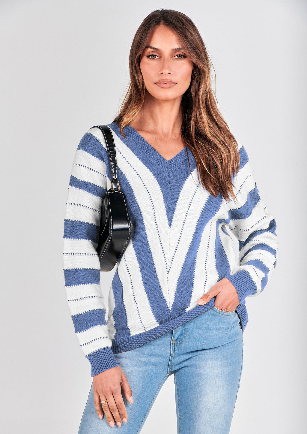 Women's Fashion Long Sleeve Striped Color Block Knitted Sweater Crew Neck Loose Pullover Jumper Tops