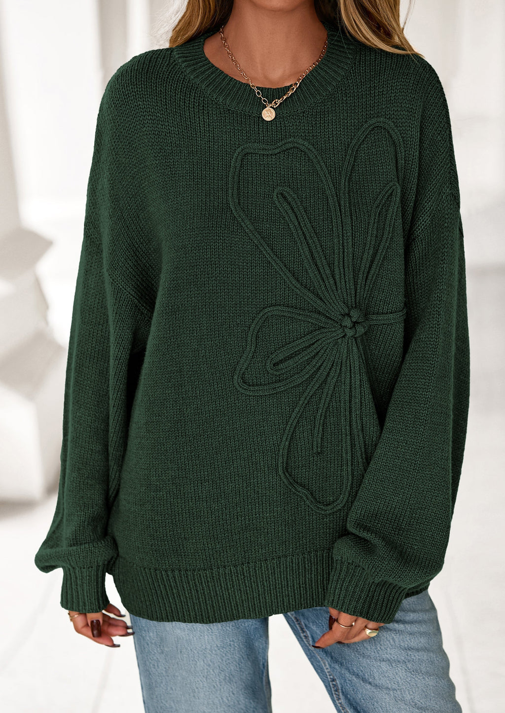 Womens Sweaters Fall Fashion Long Sleeve Crewneck Floral Knit Pullover Sweater Tops Winter Clothes