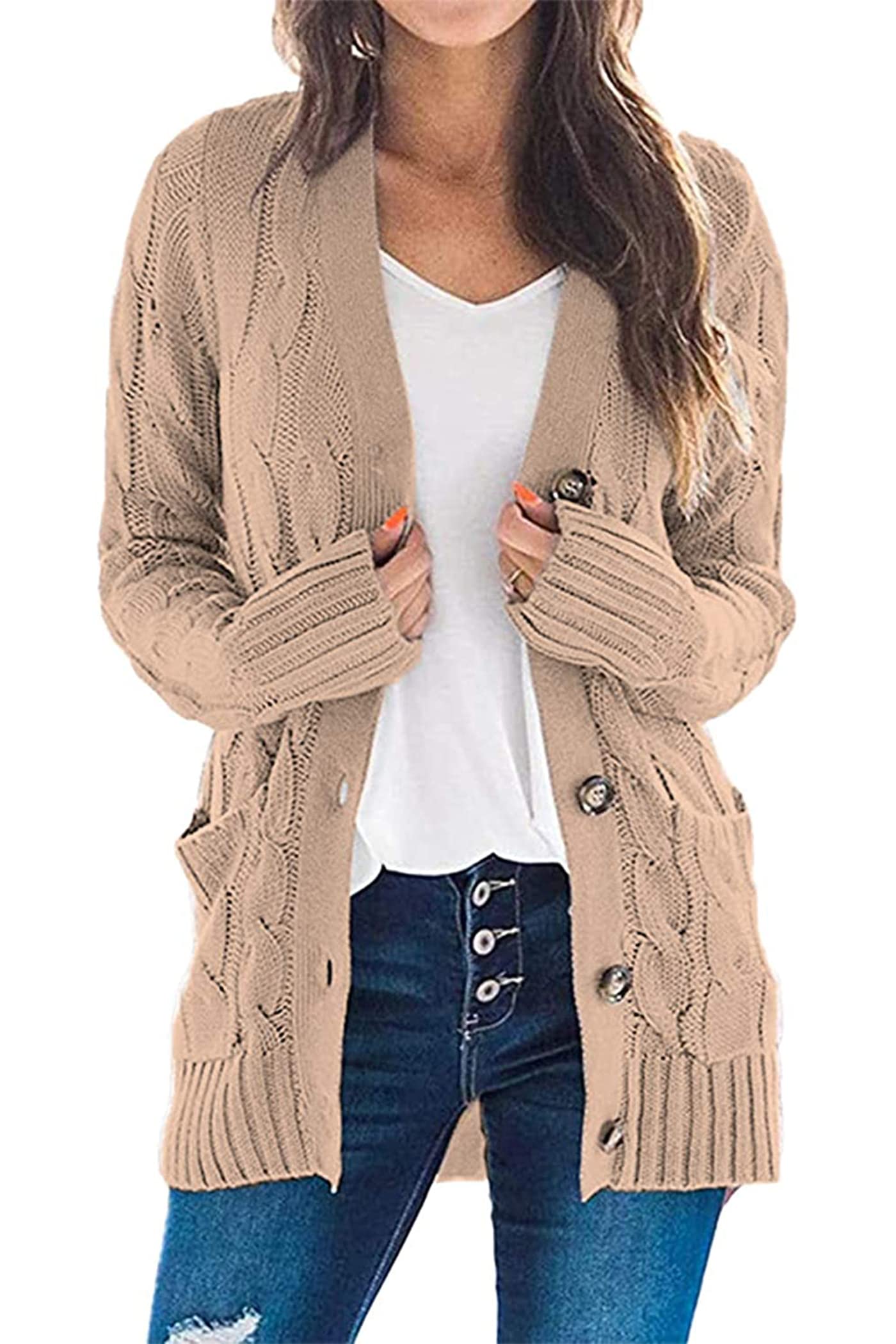 Women's Open Front Cardigan Sweaters Fall Fashion Button Down Cable Knit Chunky Winter Outerwear Coats