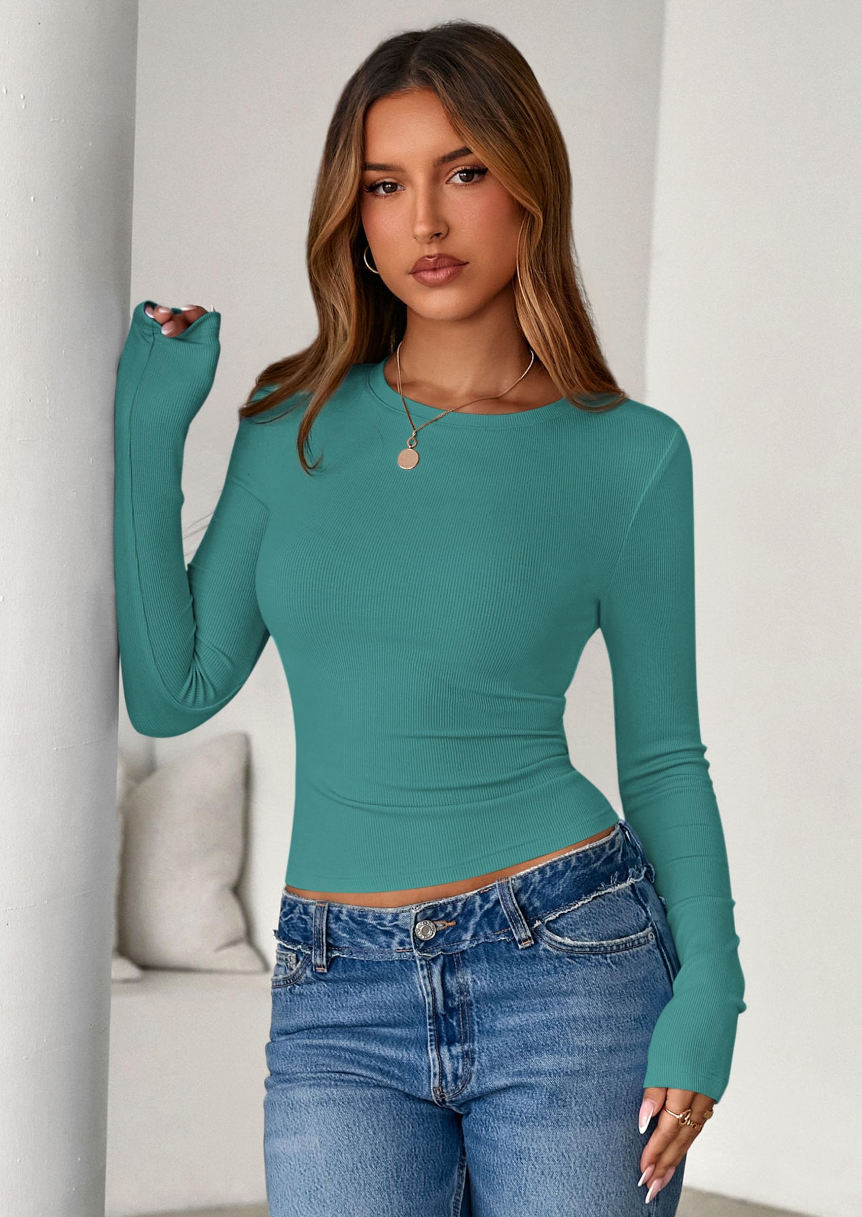 Womens Summer Fall Long Sleeve Shirts Ribbed Knit Fitted Basic Tee Going Out Tops Underscrub Casual Outfits
