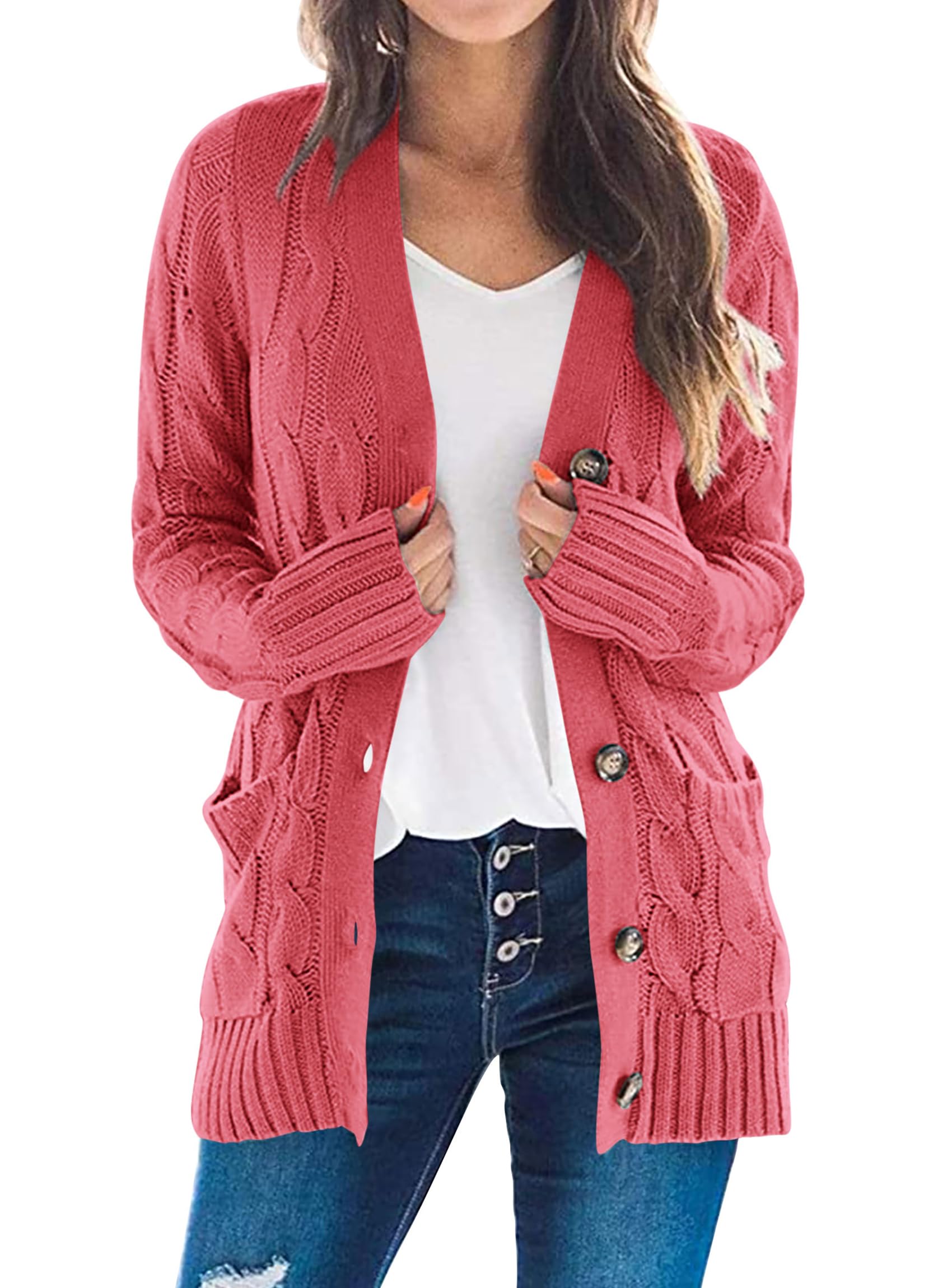 Women's Open Front Cardigan Sweaters Fall Fashion Button Down Cable Knit Chunky Winter Outerwear Coats