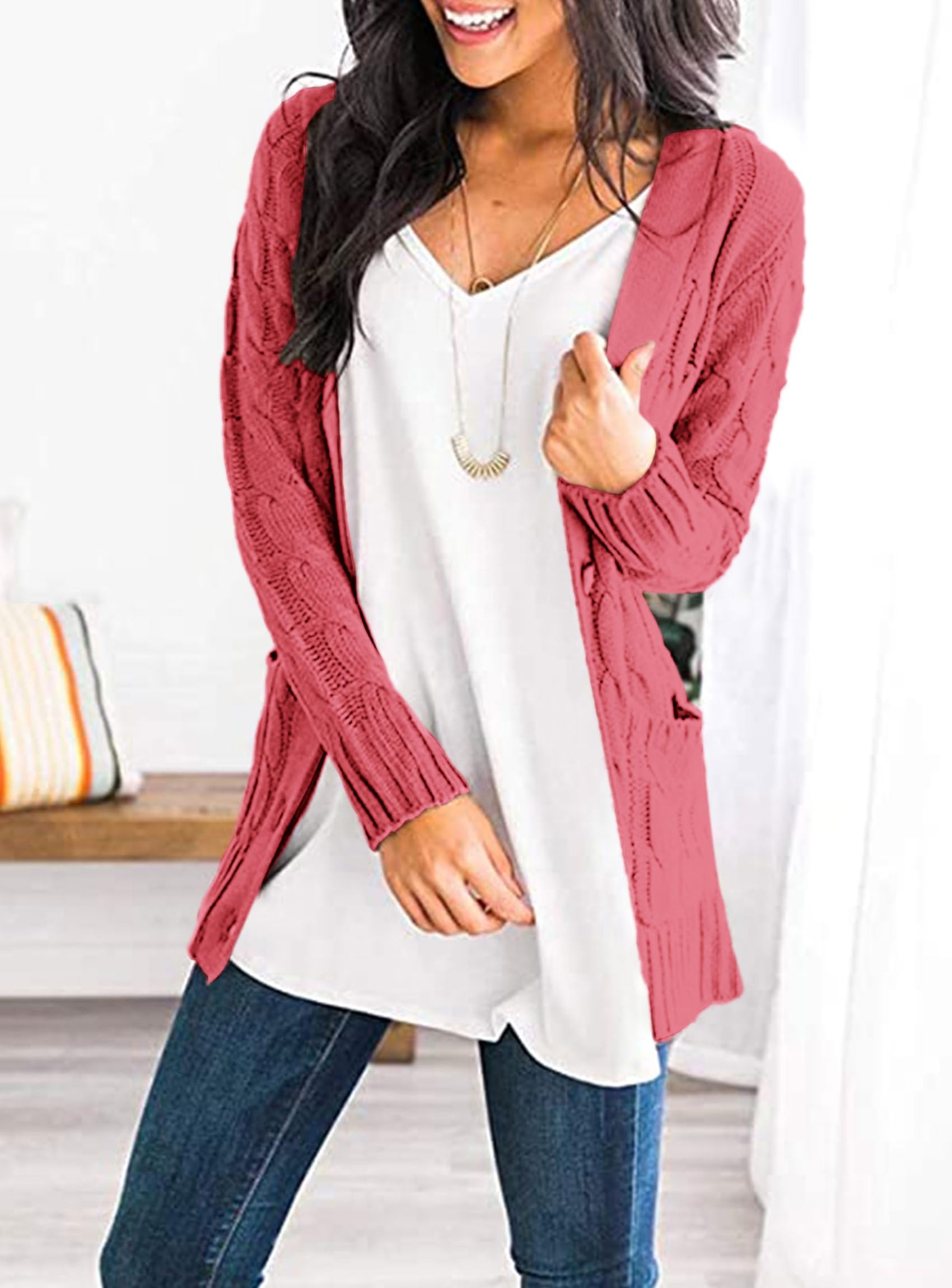 Women's Open Front Cardigan Sweaters Fall Fashion Button Down Cable Knit Chunky Winter Outerwear Coats