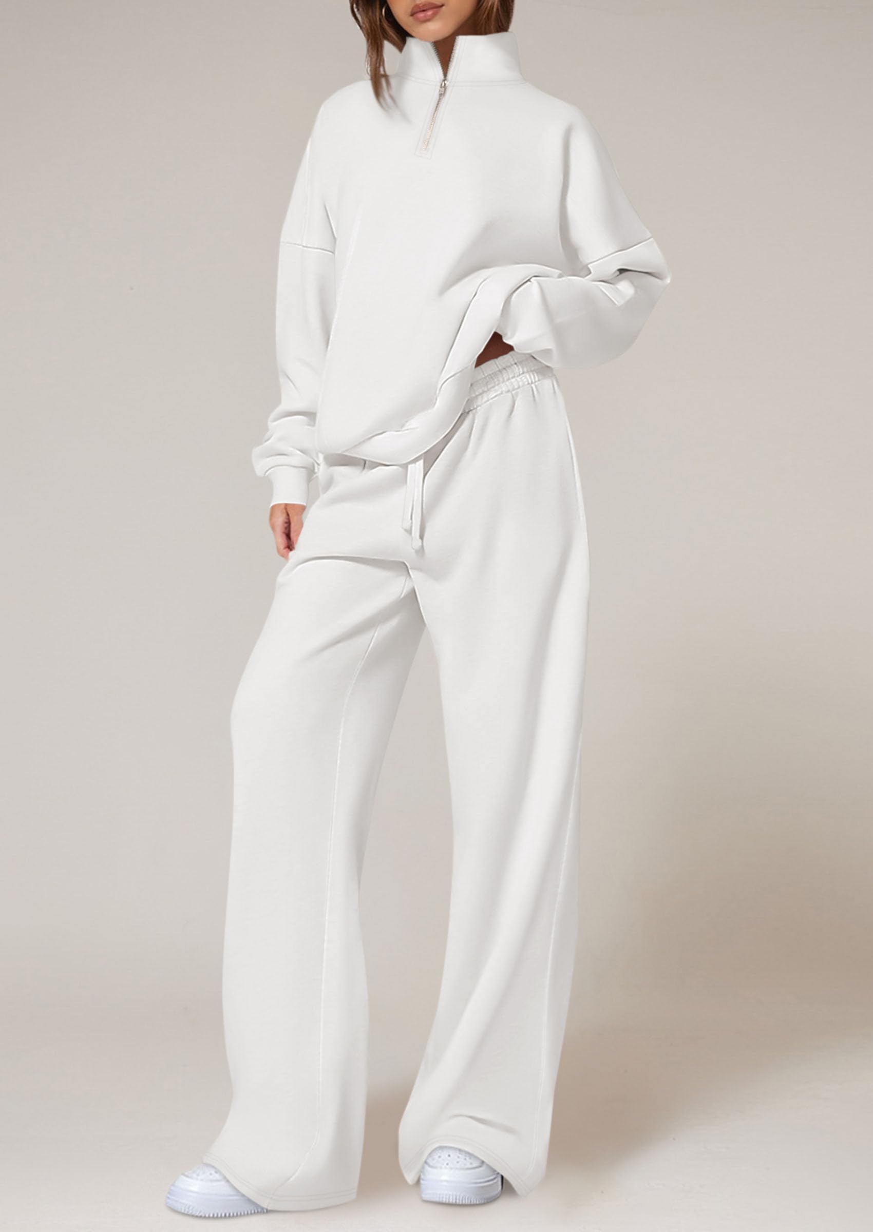 Womens Casual Two Piece Sets Fall Outfits Quarter Zip Sweatshirts Straight Leg Pants Sweatsuits Tracksuit