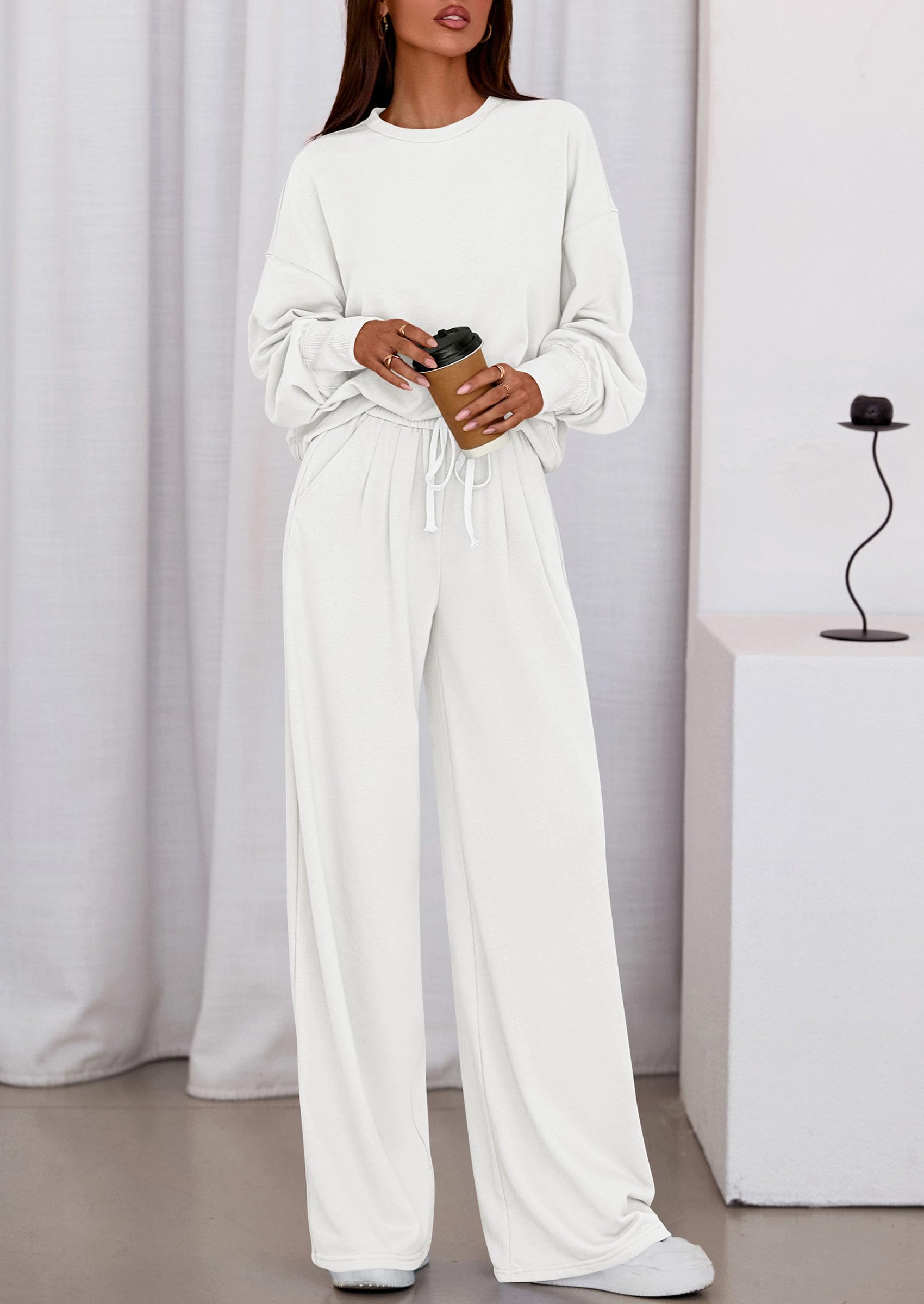 Womens 2 Piece Sets Long Sleeve Sweatshirt Wide Leg Pants Loose Matching Lounge Set Trendy Fall Outfits