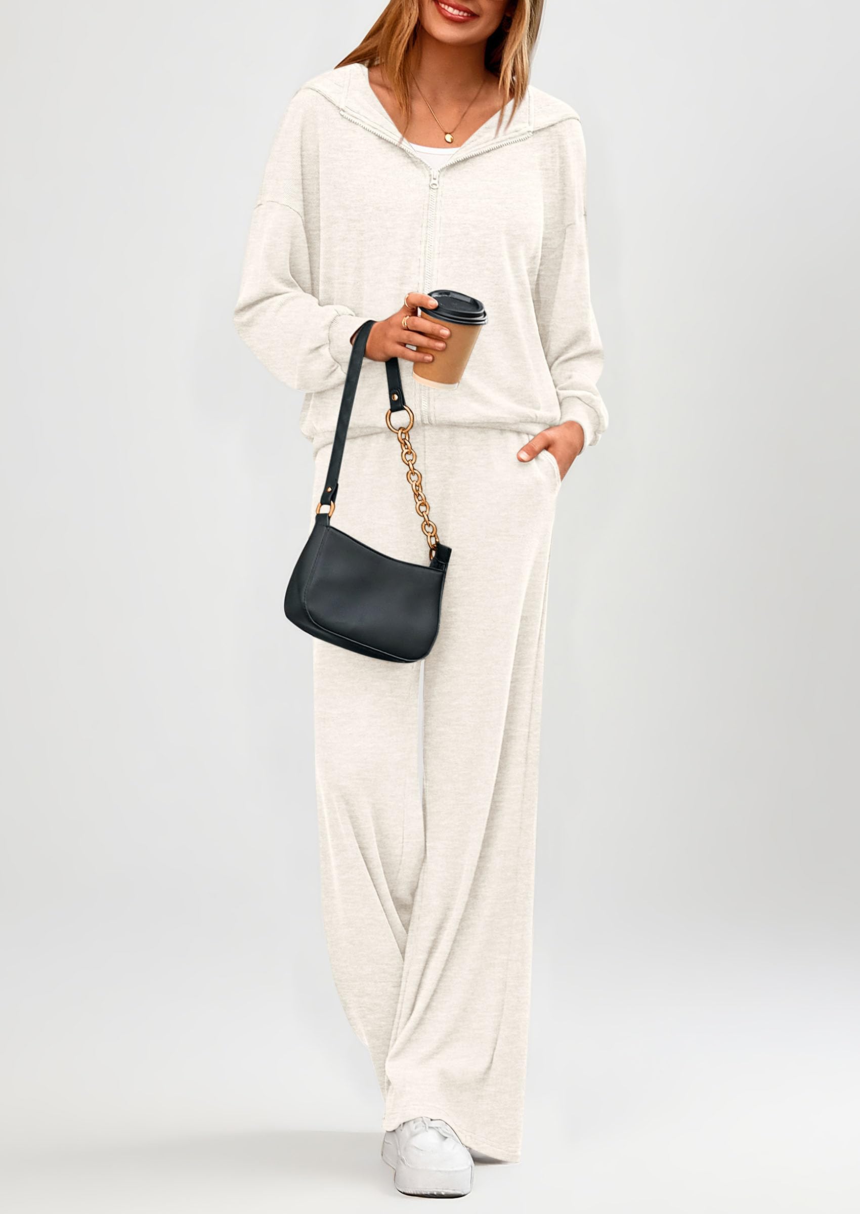 Women's 2 Piece Fall Lounge Sets Zip Up Hoodie Wide Leg Pants Tracksuit Matching Travel Outfits Clothes
