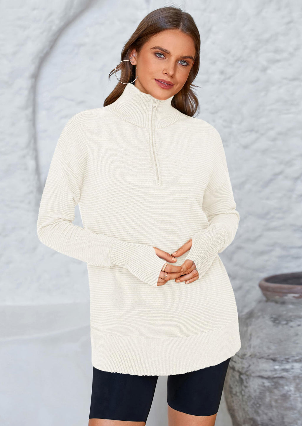 Womens Long Sleeve Quarter Zip Pullover Sweater Casual Loose V Neck Collared Ribbed Knit Jumper Tops Thumb Hole