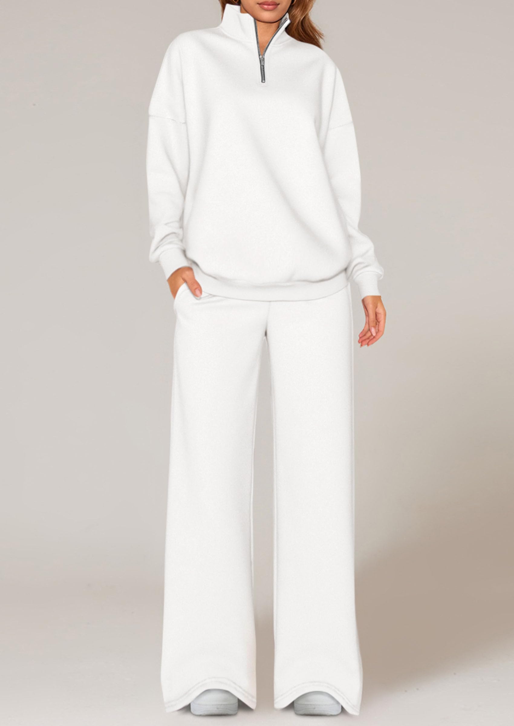 Womens Casual Two Piece Sets Fall Outfits Quarter Zip Sweatshirts Straight Leg Pants Sweatsuits Tracksuit