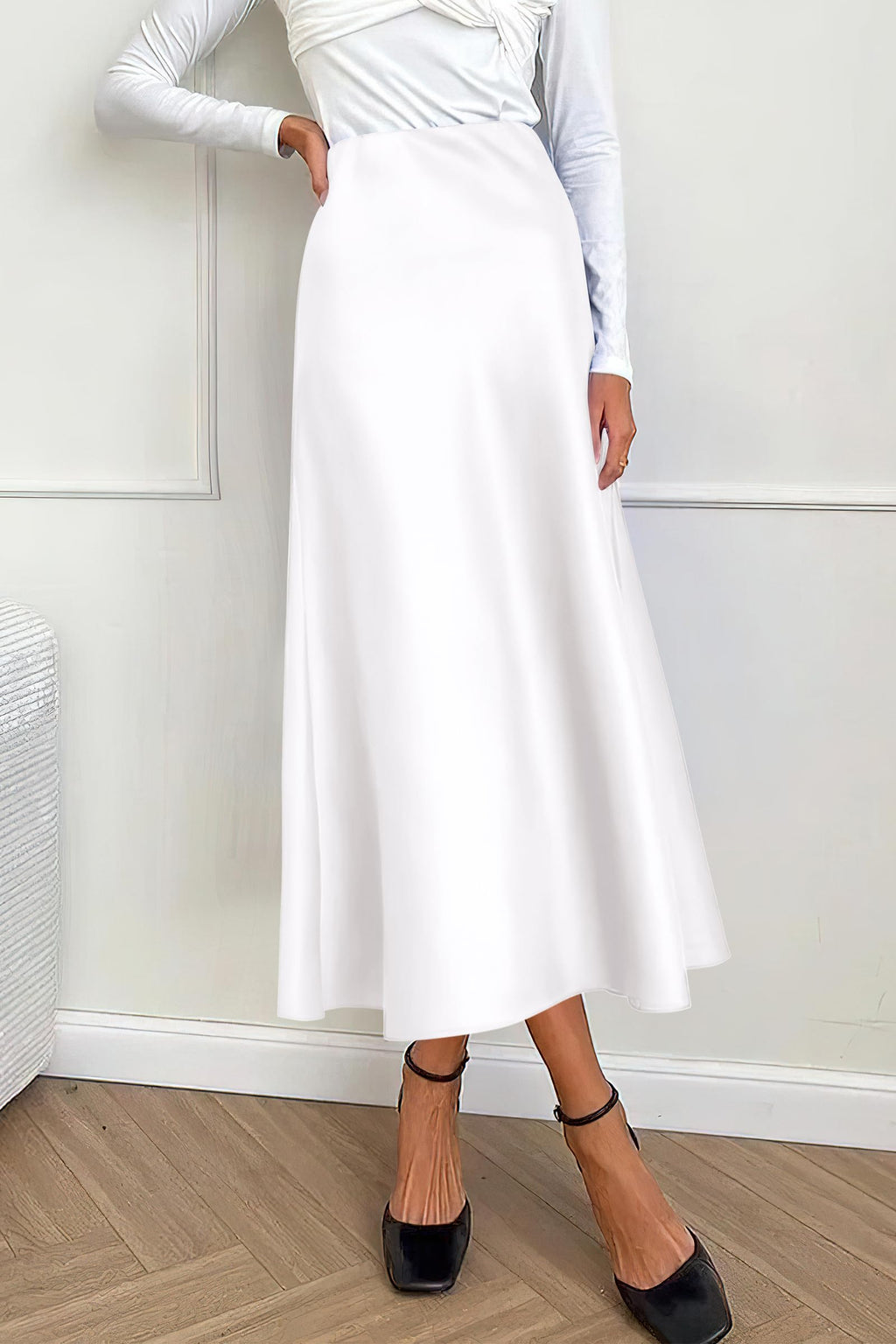 Women's Satin Skirts Dressy Casual Fall High Waisted Cocktail Wedding Flowy Elegant A Line Midi Skirt