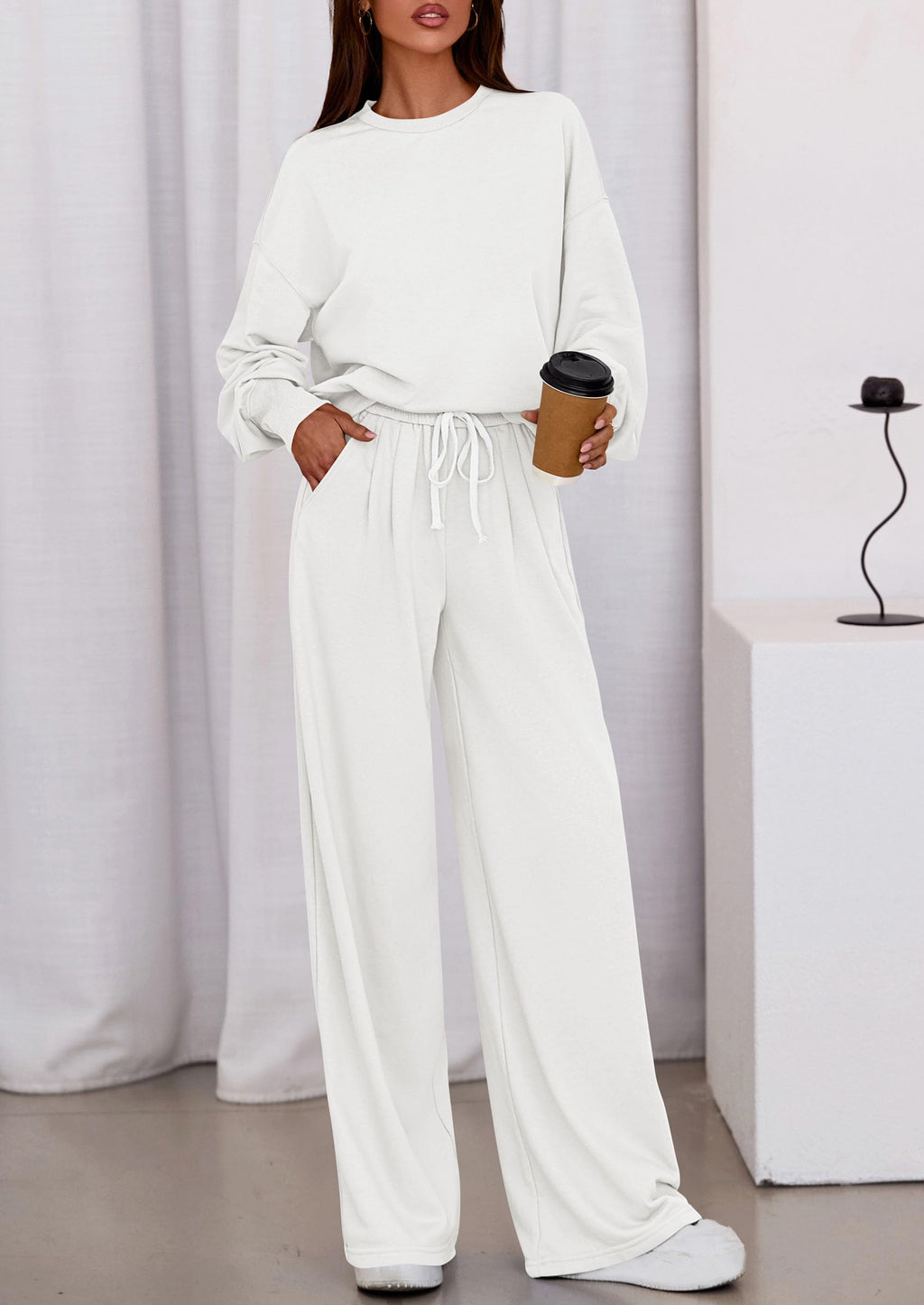 Womens 2 Piece Sets Long Sleeve Sweatshirt Wide Leg Pants Loose Matching Lounge Set Trendy Fall Outfits