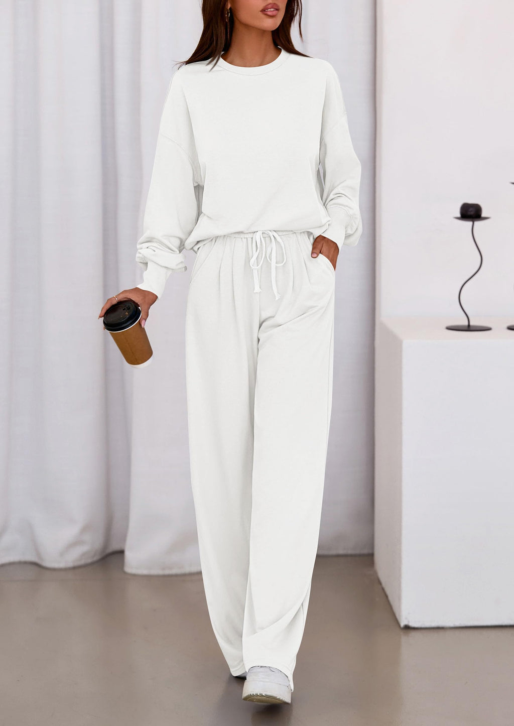 Womens 2 Piece Sets Long Sleeve Sweatshirt Wide Leg Pants Loose Matching Lounge Set Trendy Fall Outfits