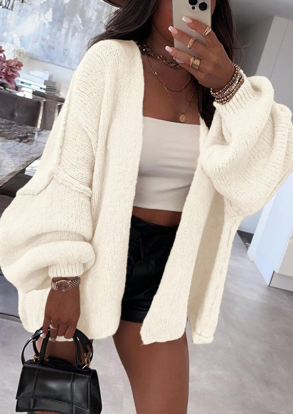 Womens Oversized Cardigan Sweaters Fall Long Lantern Sleeve Knit Open Front Lightweight Sweater