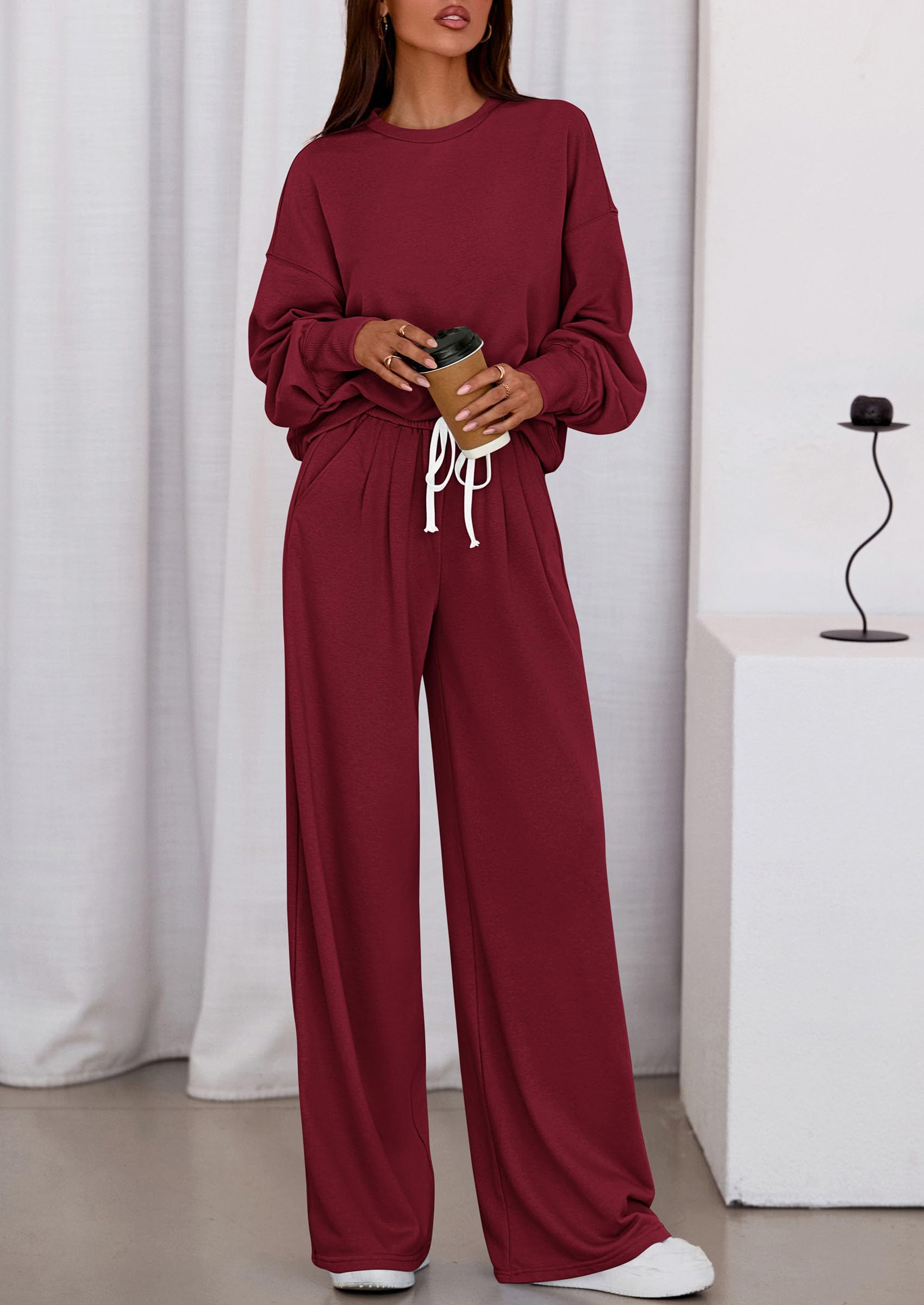 Womens 2 Piece Sets Long Sleeve Sweatshirt Wide Leg Pants Loose Matching Lounge Set Trendy Fall Outfits