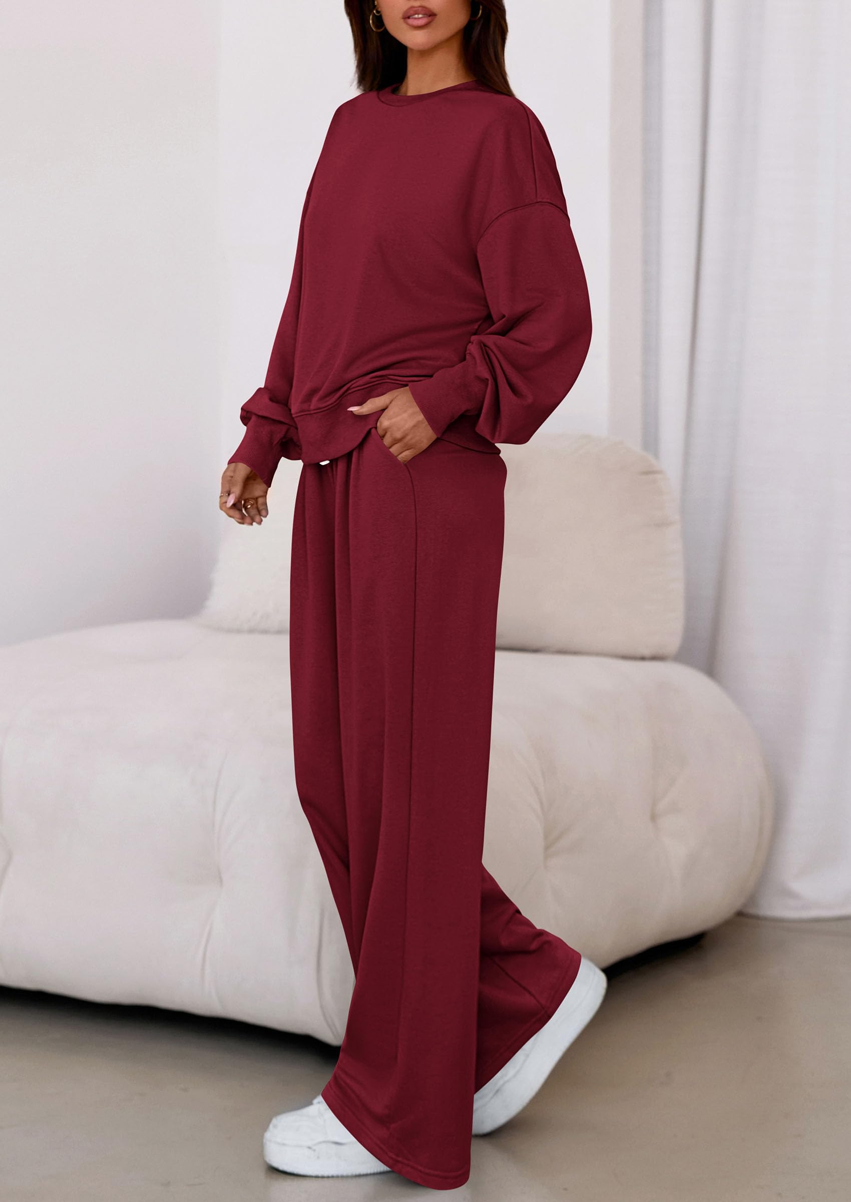 Womens 2 Piece Sets Long Sleeve Sweatshirt Wide Leg Pants Loose Matching Lounge Set Trendy Fall Outfits