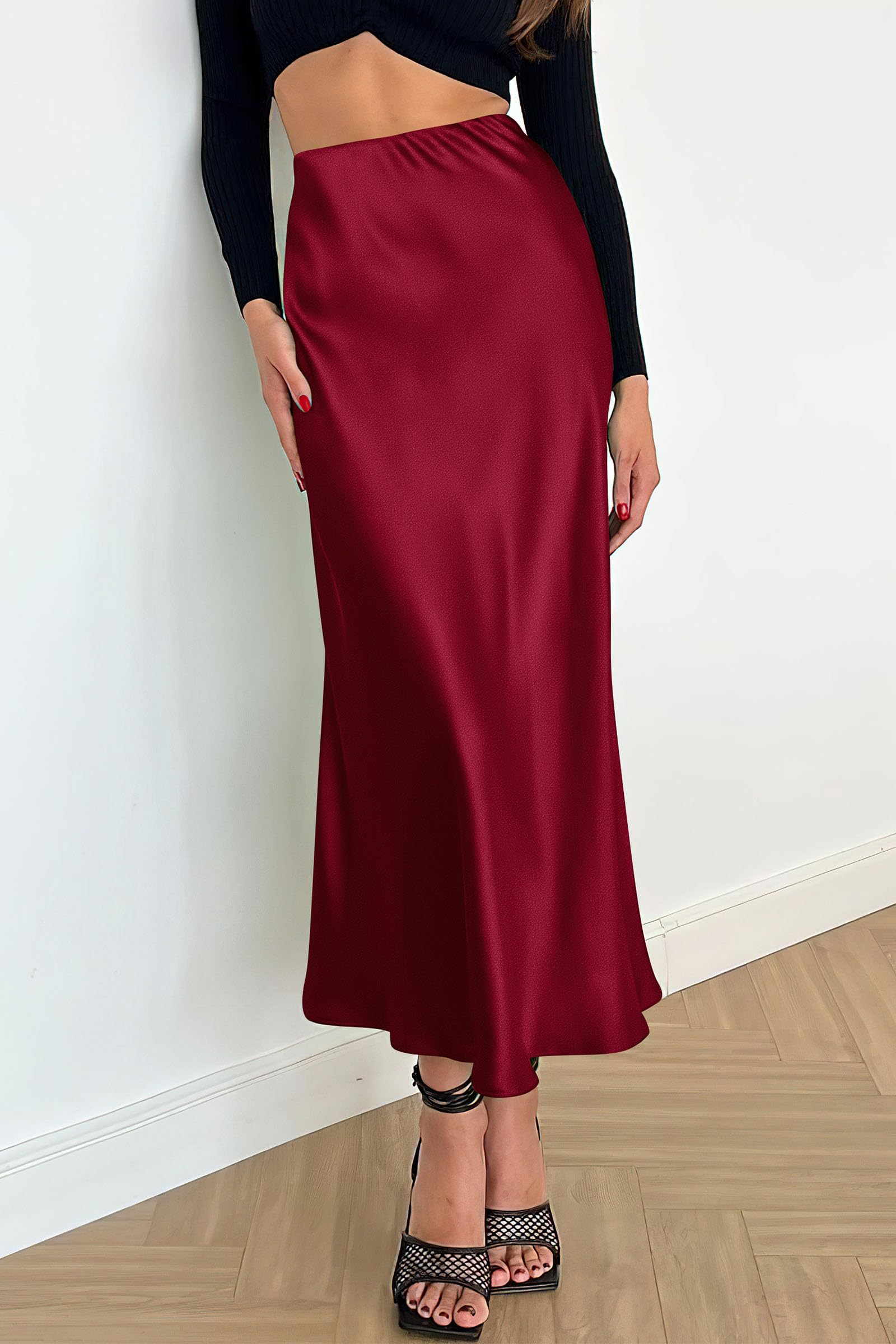 Women's Satin Skirts Dressy Casual Fall High Waisted Cocktail Wedding Flowy Elegant A Line Midi Skirt