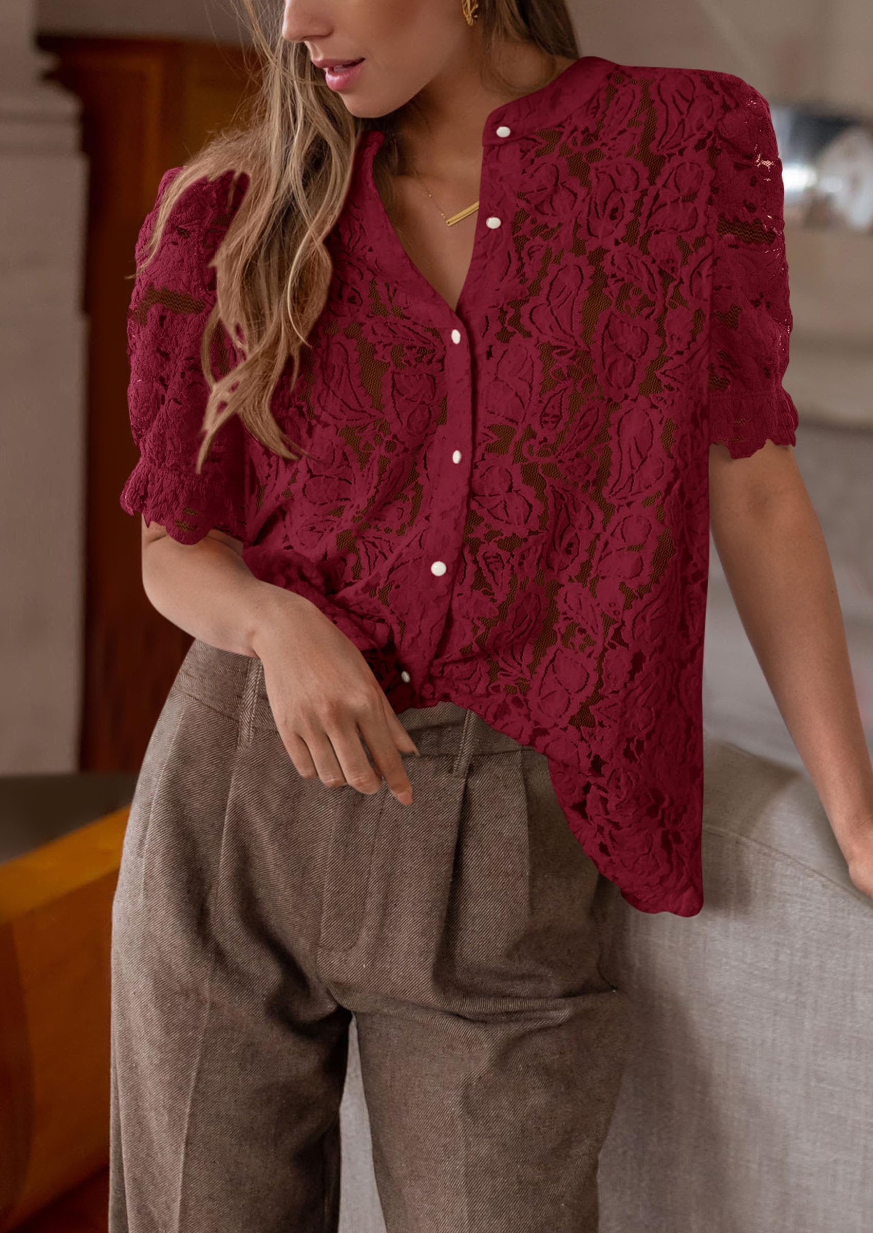 Womens Spring Lace Tops Short Puff Sleeve Casual Dressy Blouses Eyelet Crew Neck Button Down Shirts