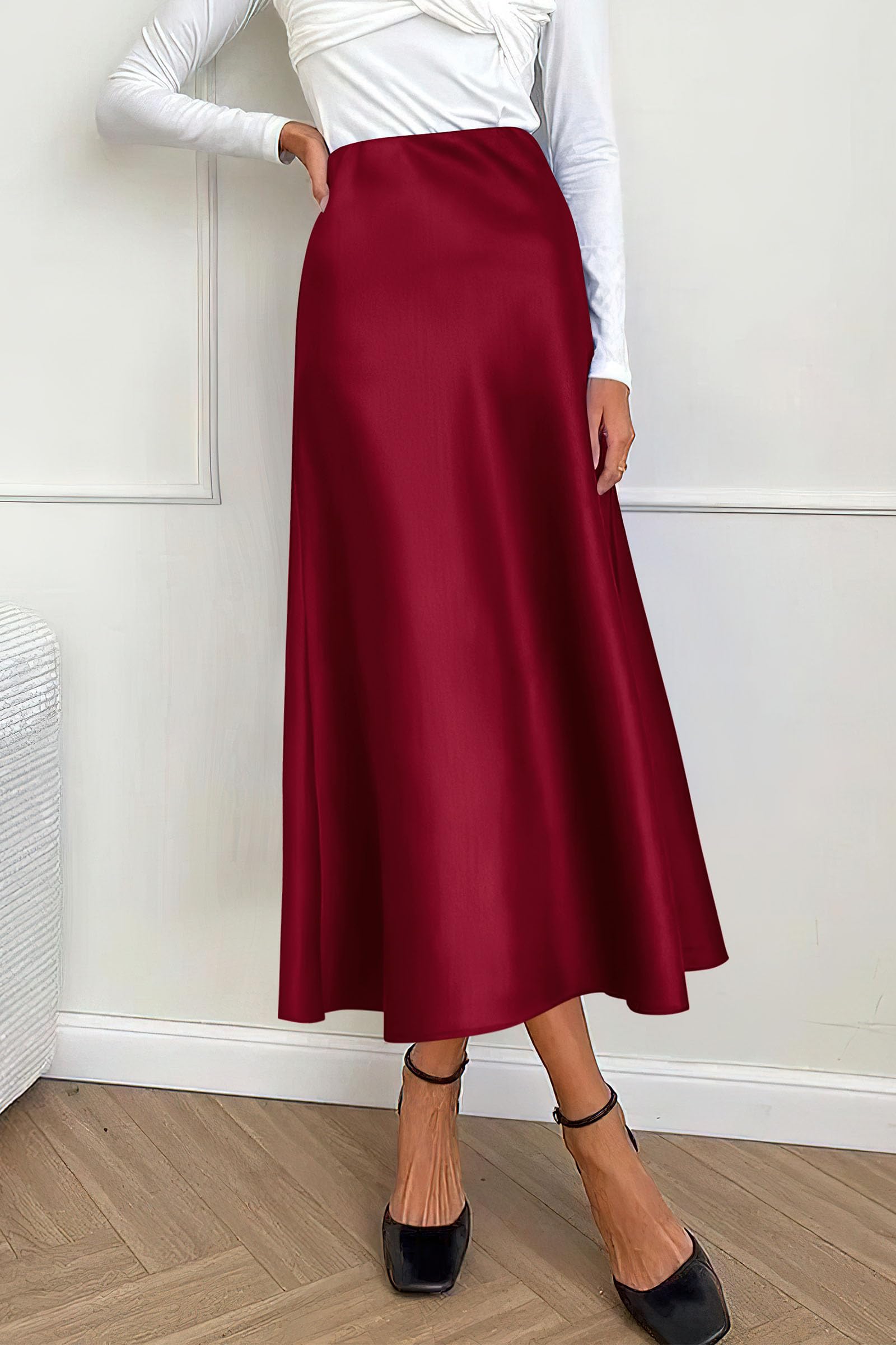 Women's Satin Skirts Dressy Casual Fall High Waisted Cocktail Wedding Flowy Elegant A Line Midi Skirt
