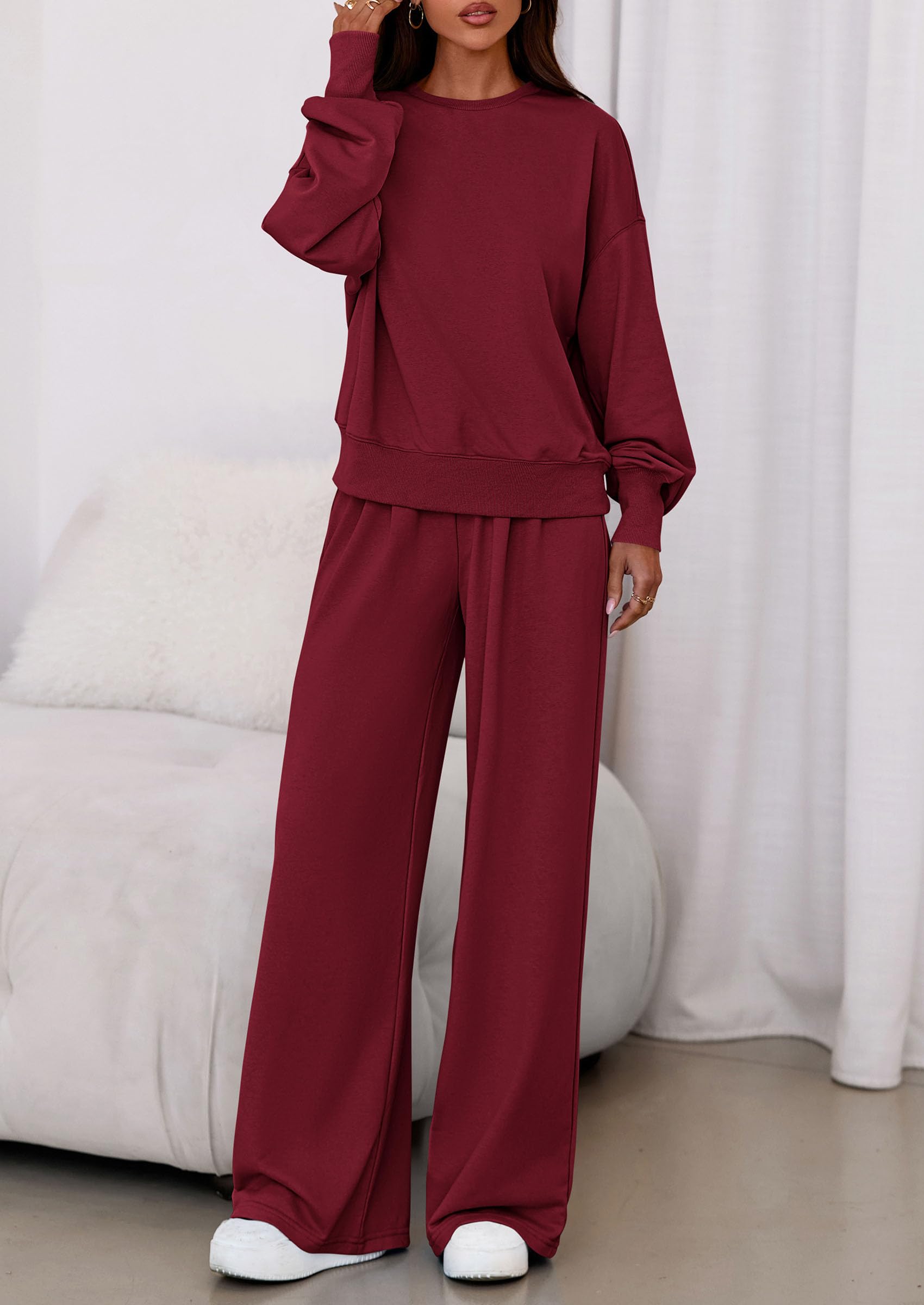 Womens 2 Piece Sets Long Sleeve Sweatshirt Wide Leg Pants Loose Matching Lounge Set Trendy Fall Outfits