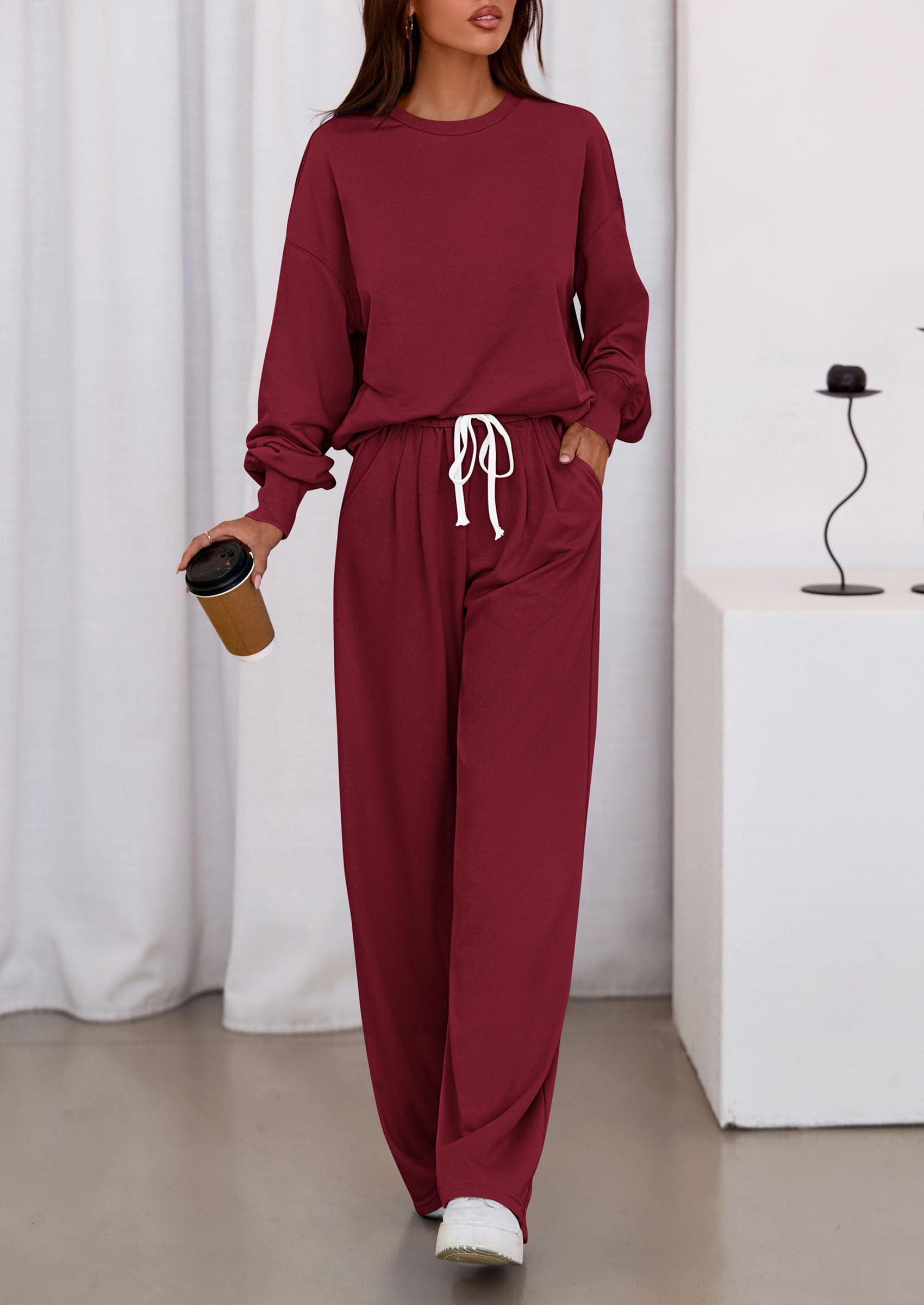 Womens 2 Piece Sets Long Sleeve Sweatshirt Wide Leg Pants Loose Matching Lounge Set Trendy Fall Outfits